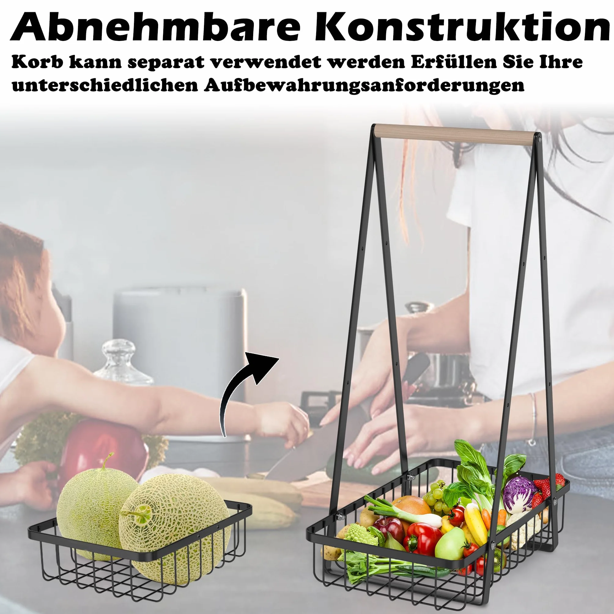 UISEBRT Etażerka na owoce, 3-poziomowy, metalowy kosz na owoce, zdejmowany uchwyt na owoce, z drewnianym uchwytem, kosz na pieczywo, warzywa, chleb, przekąski, czarny