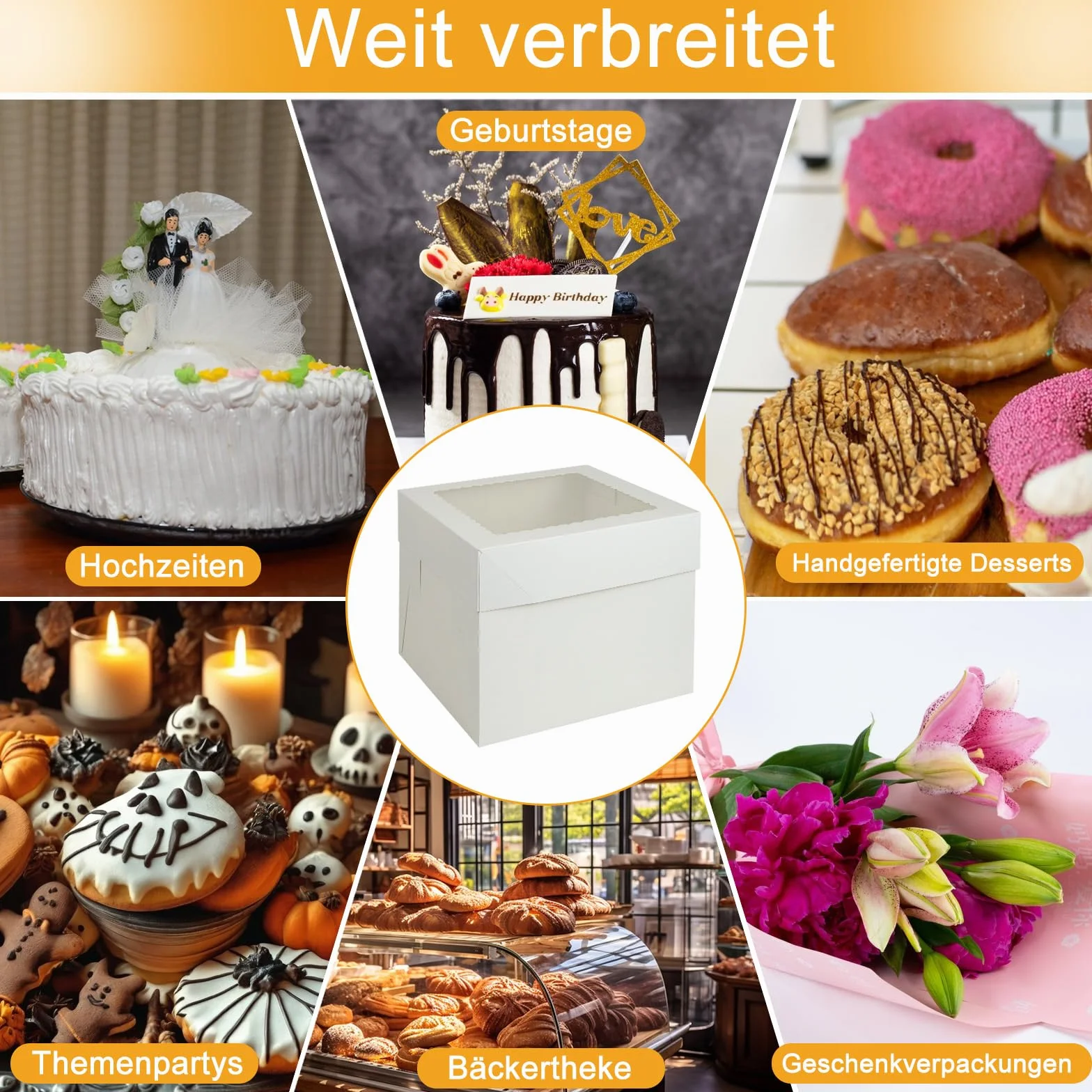 Zestaw kartonów na tort dwuwarstwowy, 3 sztuki, 25,5 x 25,5 x 20,5 cm, wysokie pudełko na tort, z okienkiem i paterą na tort, białe pudełko na tort z kapeluszem urodzinowym, pudełko na ciasto z