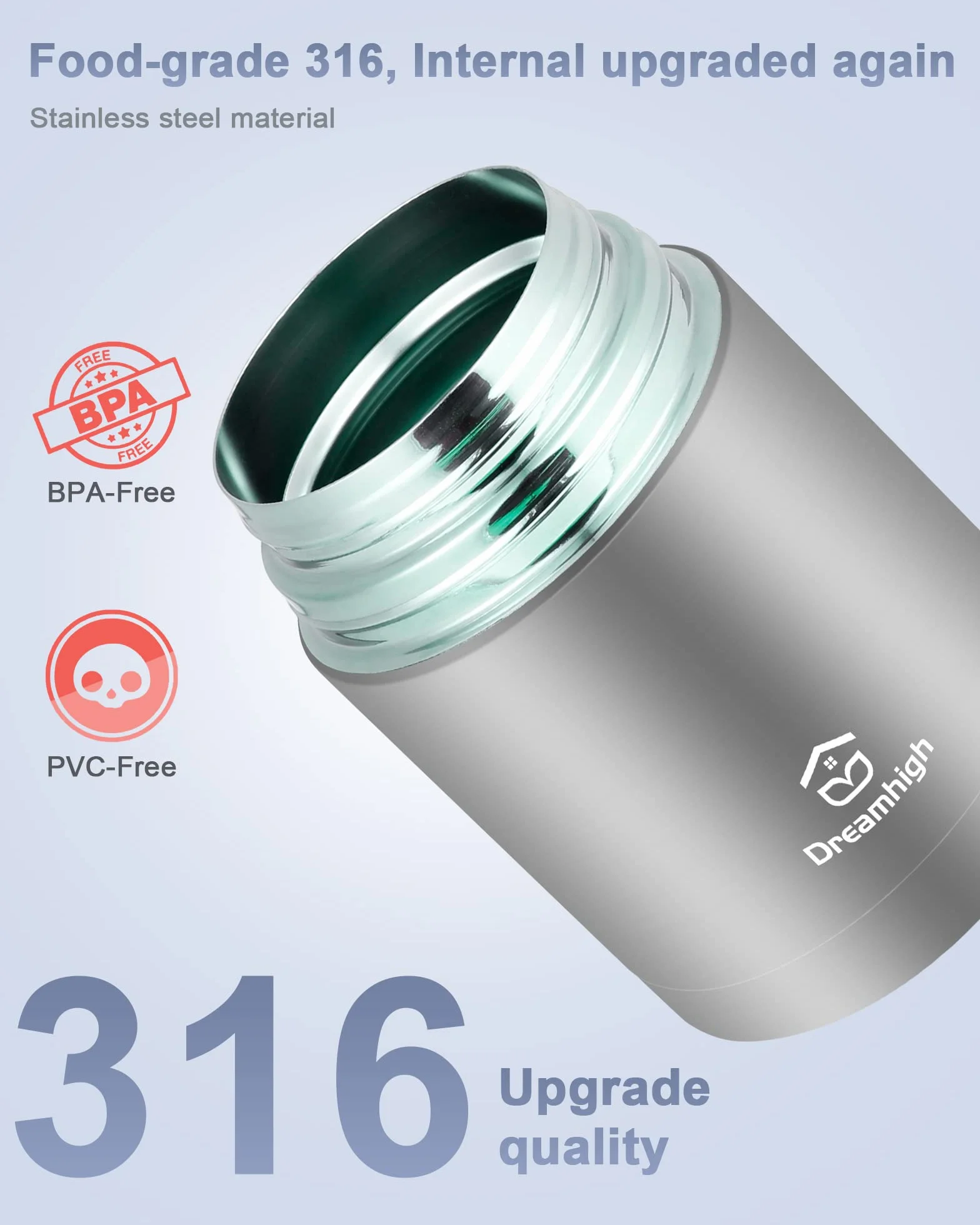 DreamHigh® Pojemnik termiczny do jedzenia 800 ml, stal nierdzewna, pojemnik utrzymujący ciepło, pojemnik na jedzenie, termos szczelny, w zestawie łyżka, gorący przez 12 godzin, zimno przez 12 godzin