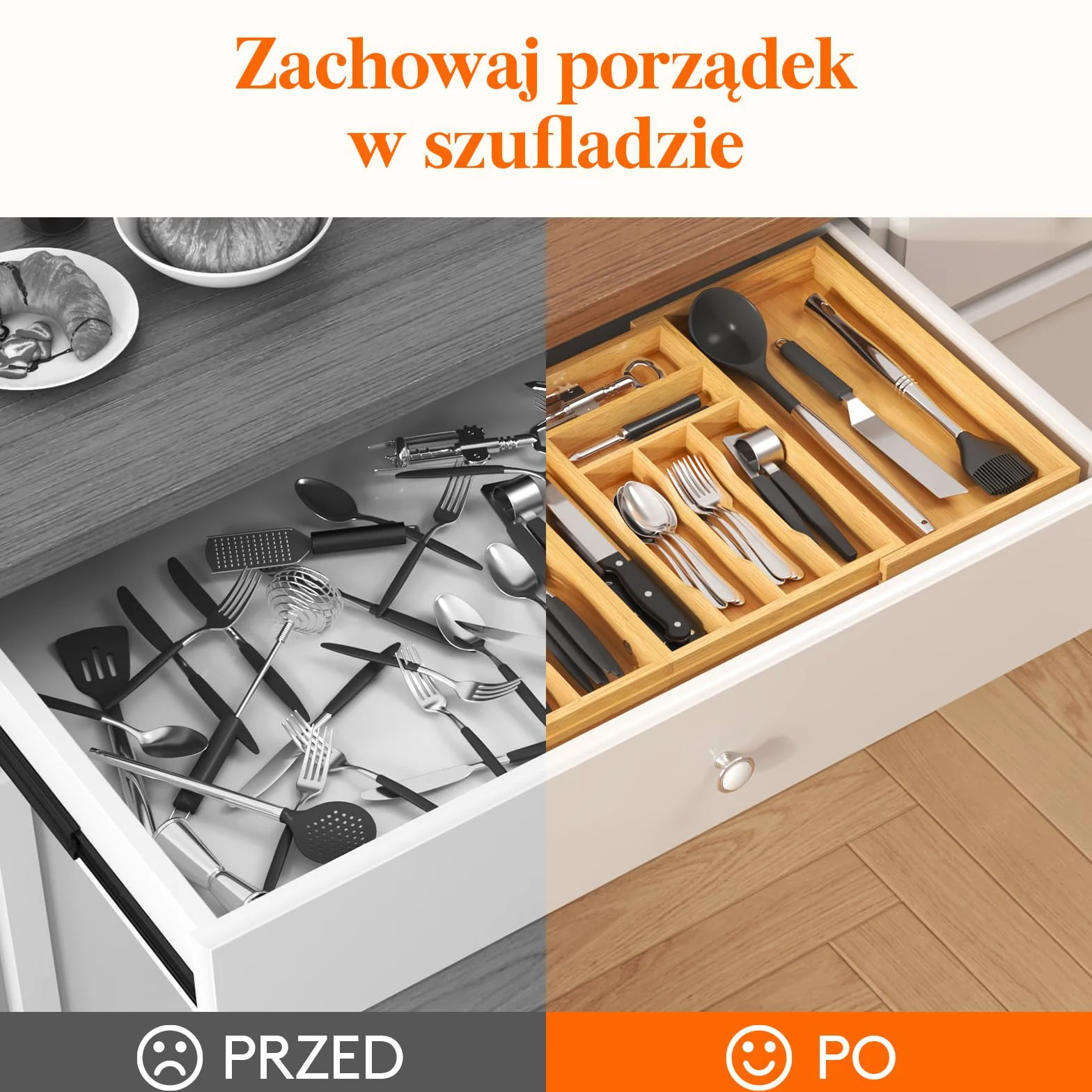 Lifewit Bambusa Organizer do Szuflady Kuchennej Regulowany 54.4-91.4 cm Szerokość 40 cm Głębokość