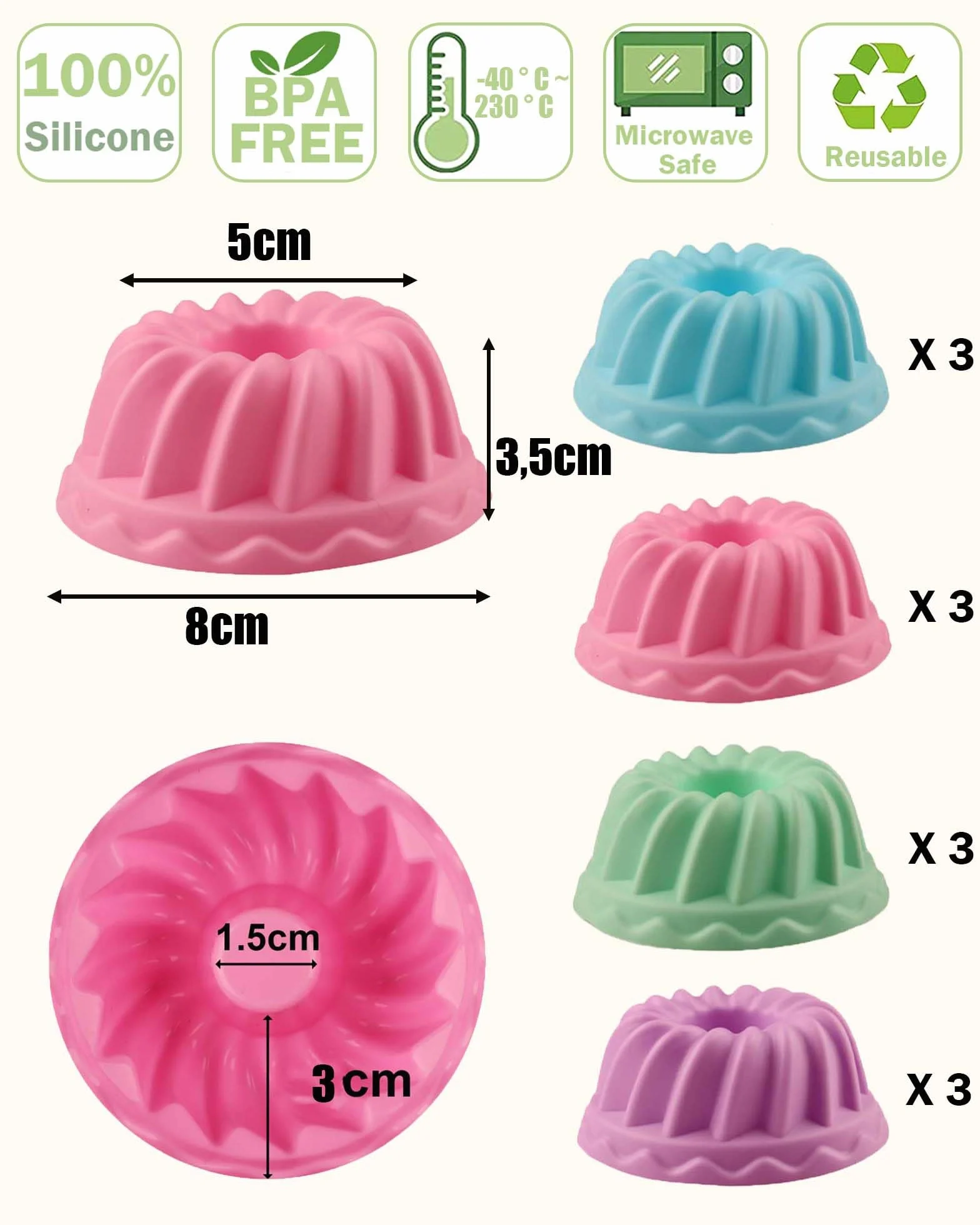 Zestaw 12 mini silikonowych foremek do kouglofa wielokrotnego użytku do muffinów, cupcake’ów, babeczek i mini kouglofów, Ø 8 cm, wysokość 5 cm
