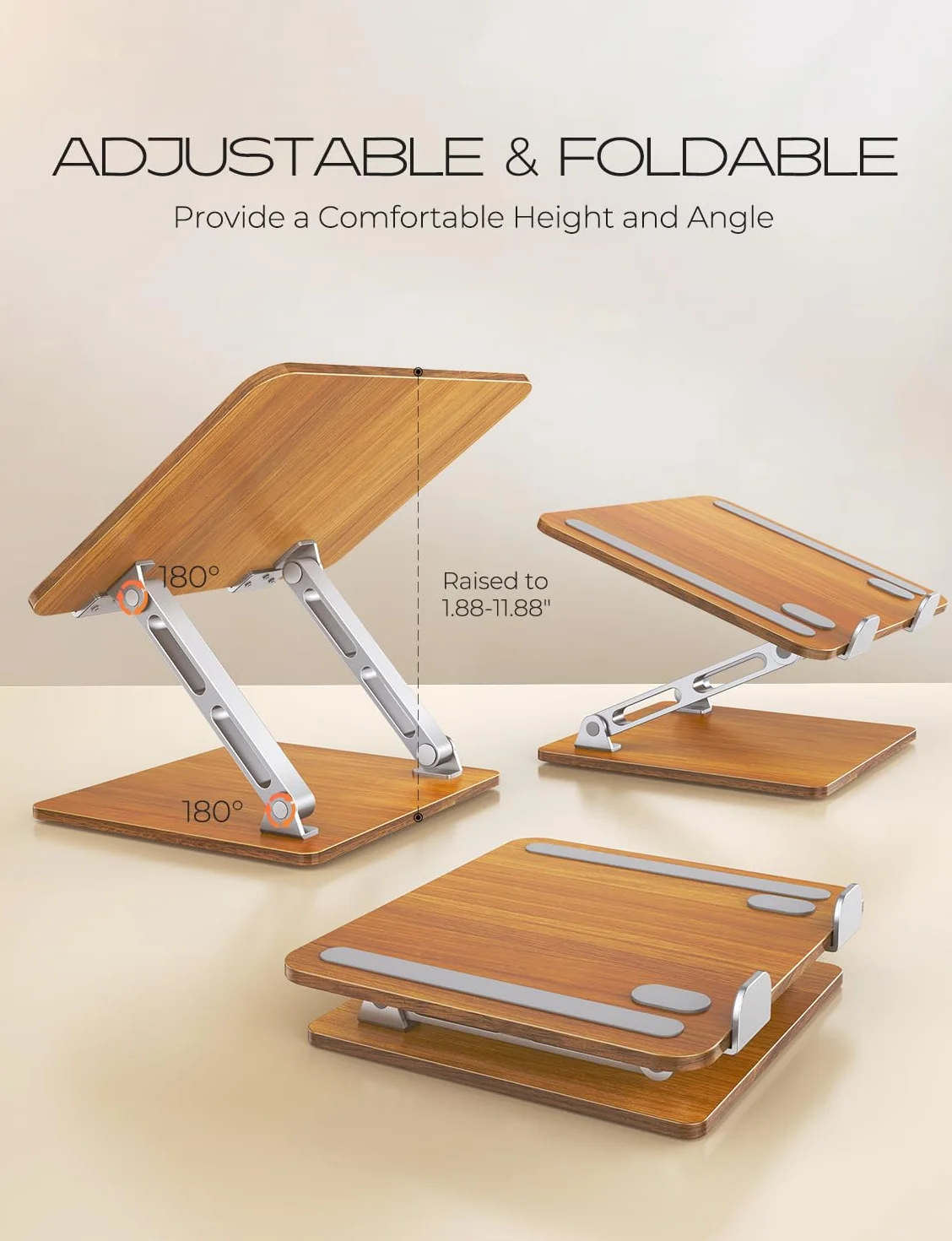 CIRYCASE Laptop Stand dla biurka, aluminium i drewno Ergonomiczny laptop Riser z regulowanym kątem, składany podwójny stojak dla komputera, kompatybilny wszystkie laptopy 10-16"