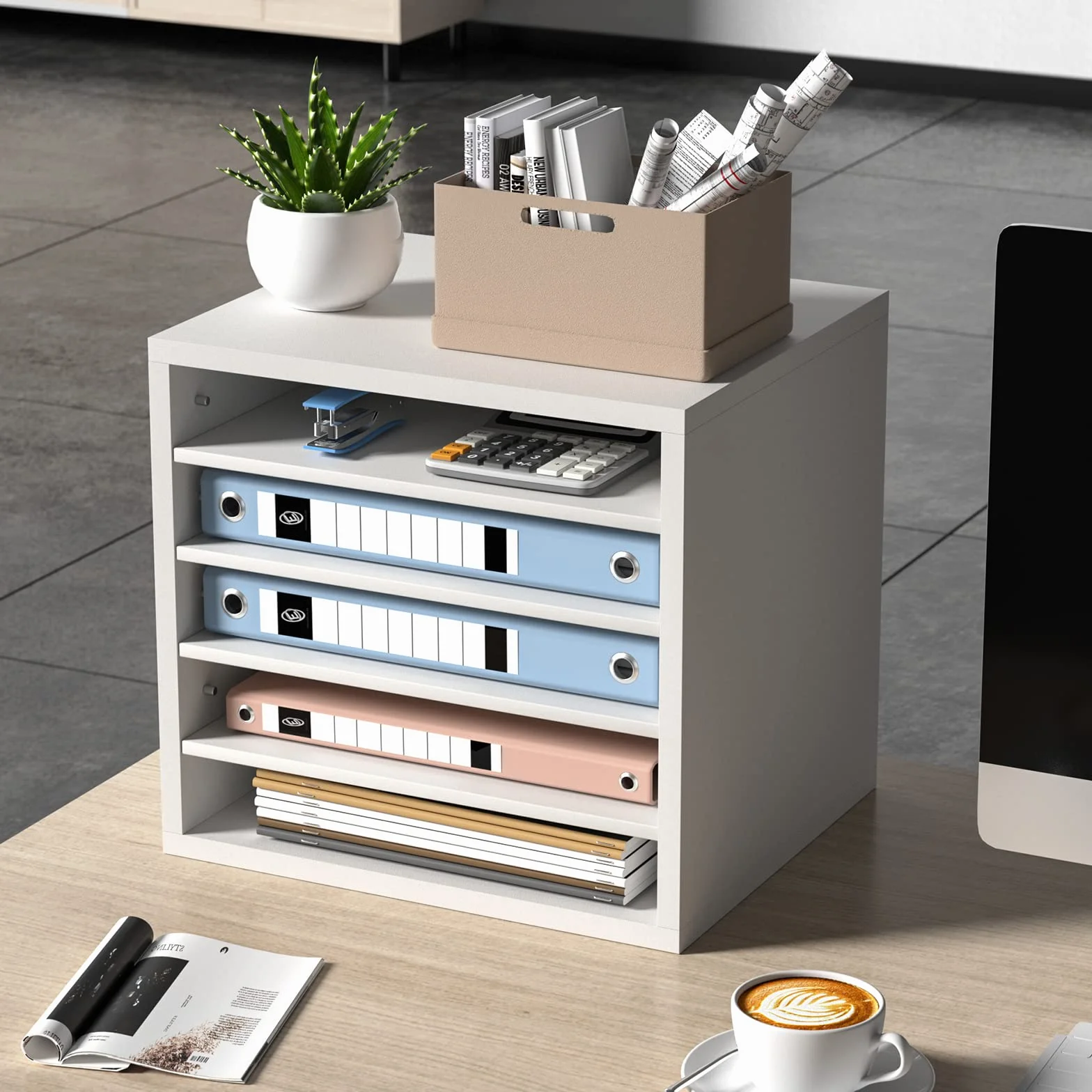 VEVOR Drewniany Organizator Literatury Stojak na dokumenty 5 przegródek 35,5x30,5x33 cm Biały