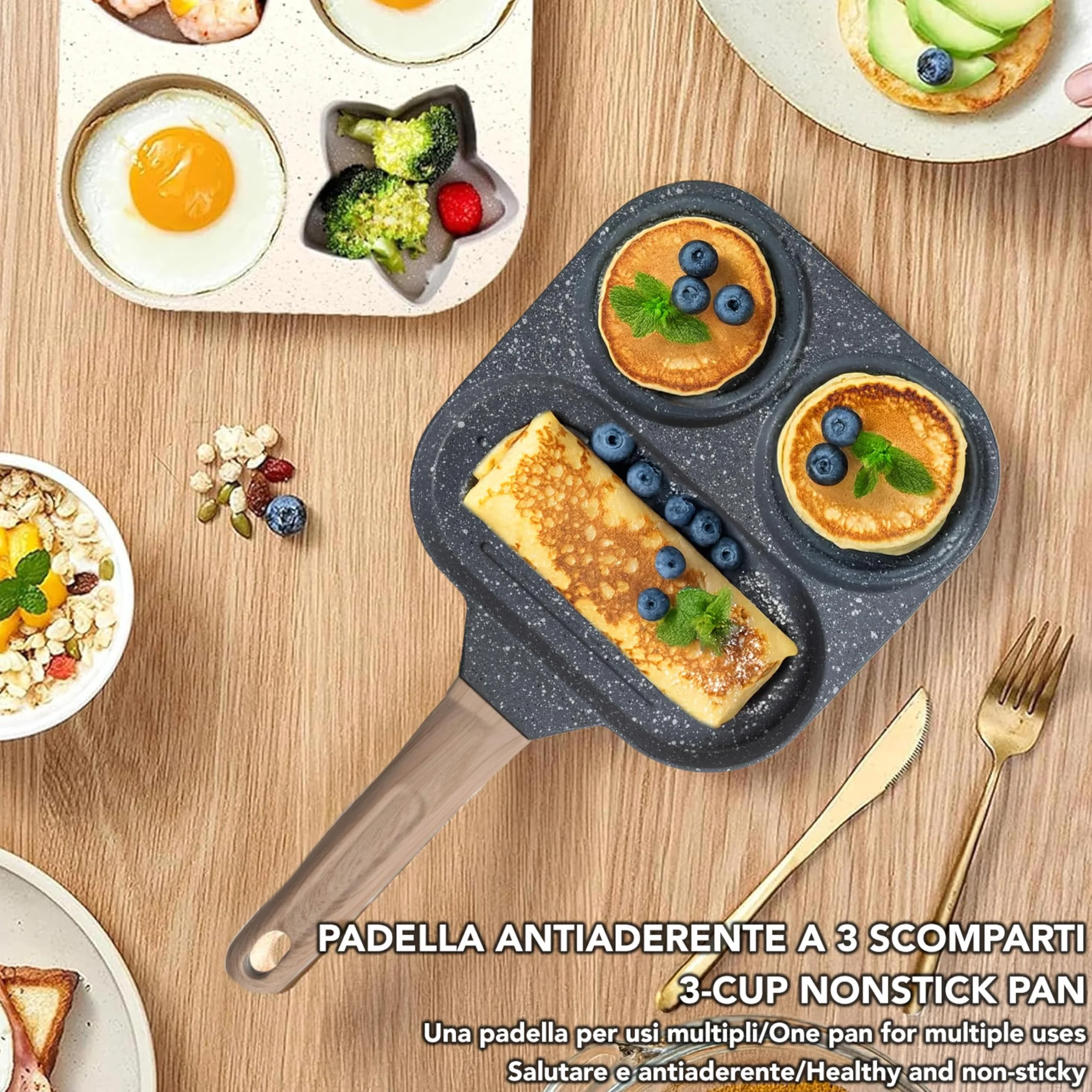 IPEA Nieprzywierająca patelnia do naleśników do indukcji i gazu – 21 cm, aluminiowa patelnia antyadhezyjna, do omletów, naleśników, jaj, hamburgerów, patelni z 4 formami - Super wygodny uchwyt