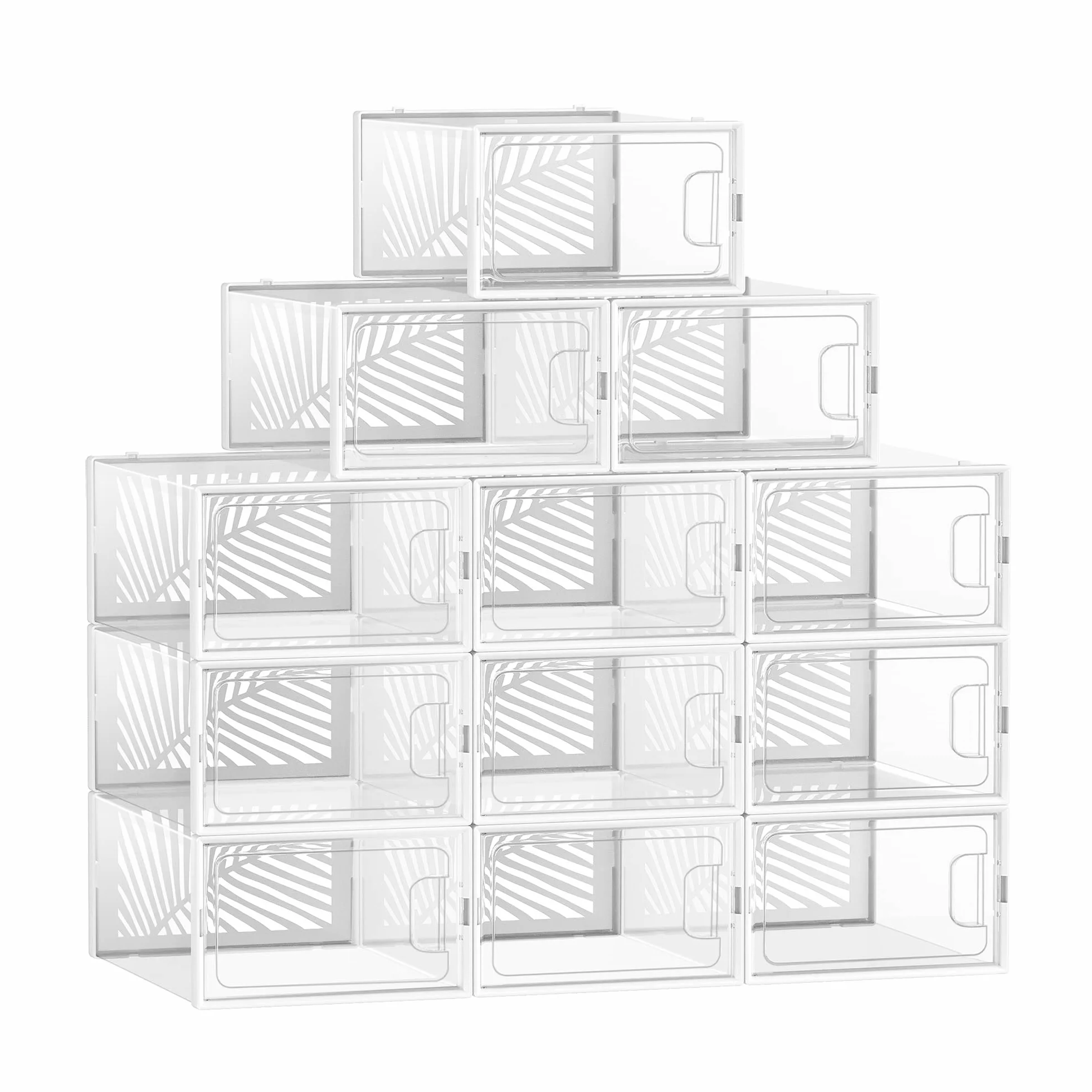 SONGMICS Organizer na Buty, Zestaw 12 Pudełek, Składany Transparentny Biały, LSP106W12