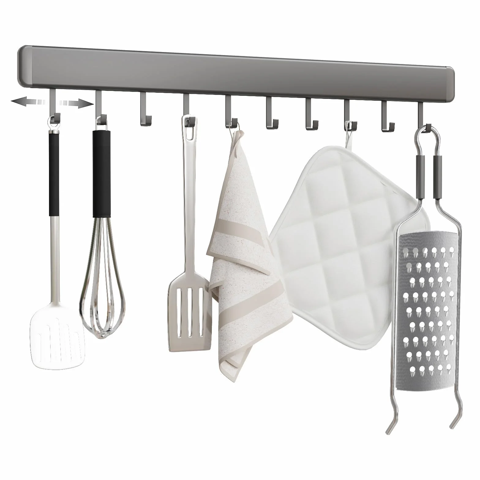 Klej do stojaka na przybory kuchenne, aluminiowy drążek kuchenny 50 cm z 10 wiszącymi haczykami, uchwyt na przybory ścienne, szary