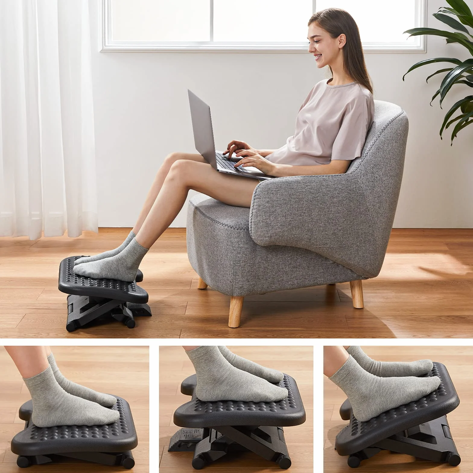 HUANUO Ergonomiczna podnóżek, podnóżek pod biurko z pozycją 3 wysokości - regulacja kąta nachylenia 30 stopni, antypoślizgowa tekstura powierzchni do masażu poprawia komfort w domu, biurze