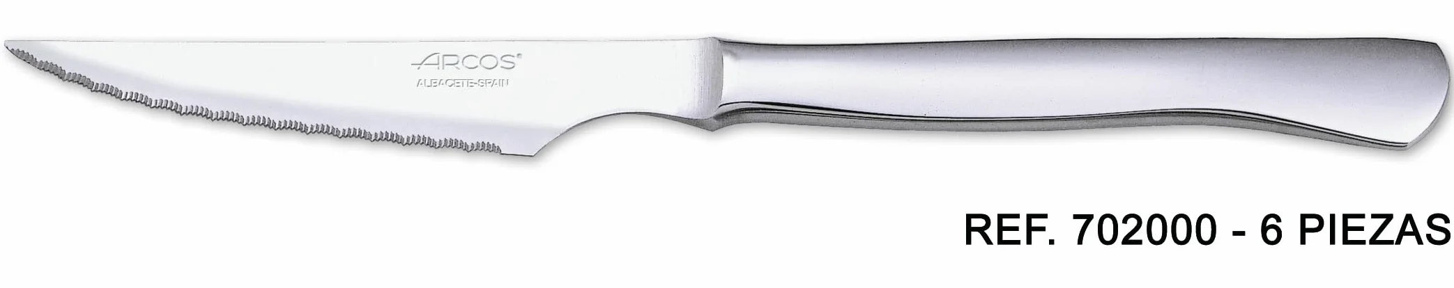 ARCOS Zestaw do steków i Nitrum ze stali i ostrzem mm. Ergonomiczna rękojeść z POM. Seria Mesa. Ząbkowane krawędzie sprawiają, że są idealne do krojenia i siekania mięsa. Kolor srebrny.
