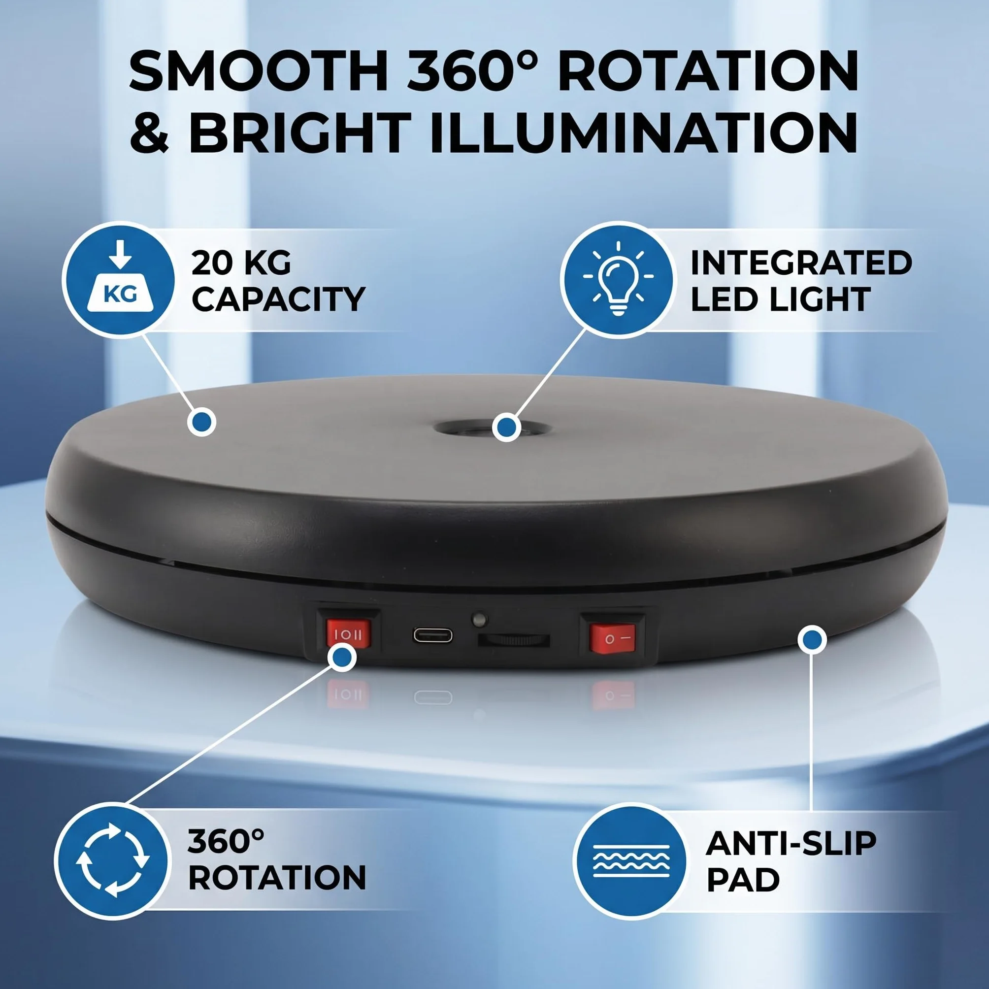 Elektryczny Zmotoryzowany Obrotowy Stojak Obrotowy z diodą LED, Fotografia 360 Stopni Gramofon Produkt Stojak Obrotowy do Wyświetlania Fotografii Produktowej Zegarek Jubilerski (Czarny)