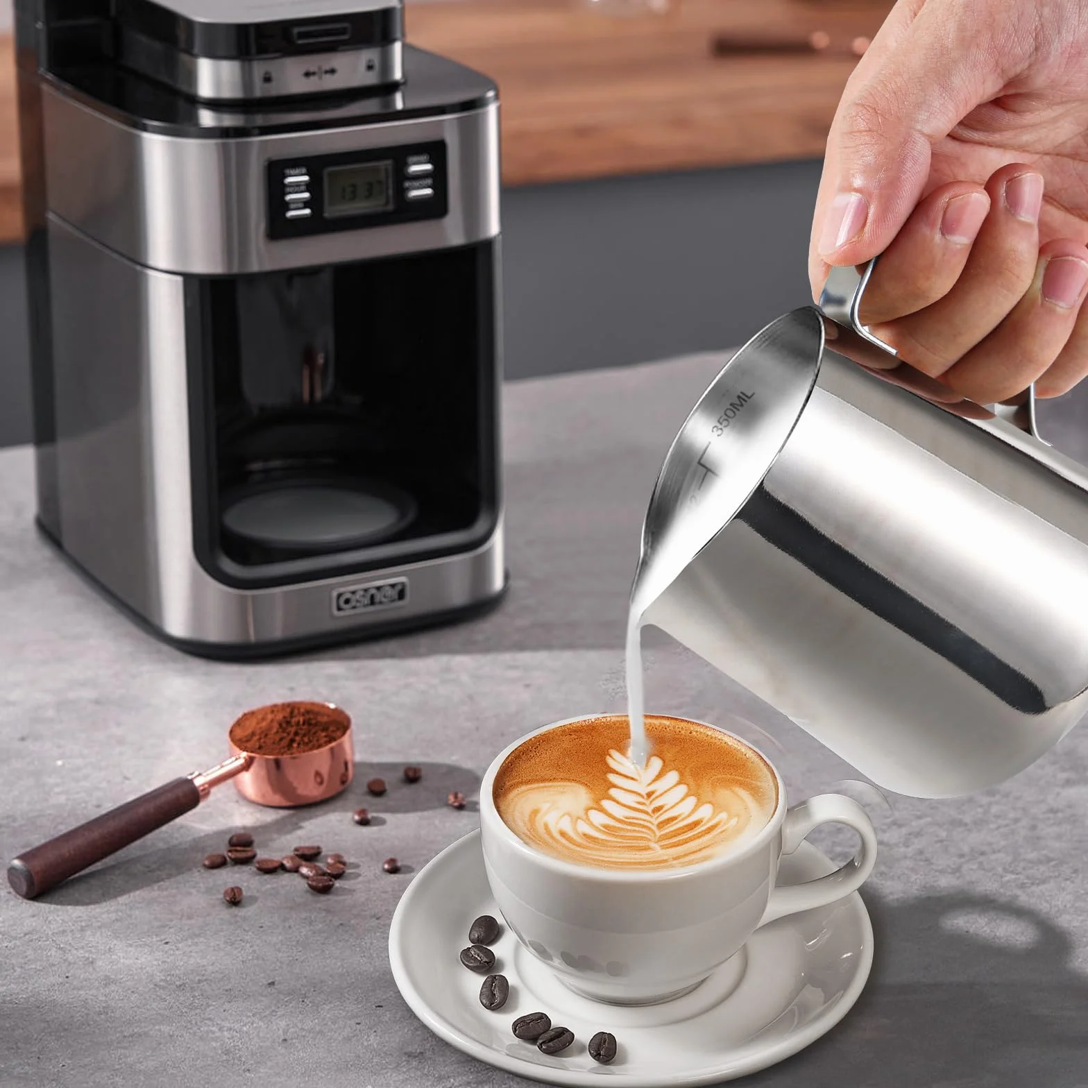 350 ml Dzbanek do Spieniania Mleka, Dzbanek do mleka ze stali nierdzewnej, latte dekorowanie pióro artystyczne, Dzbanek na Mleko z Miarką dla Baristy, Espresso, Latte Art, Idealny dla Miłośników Kawy