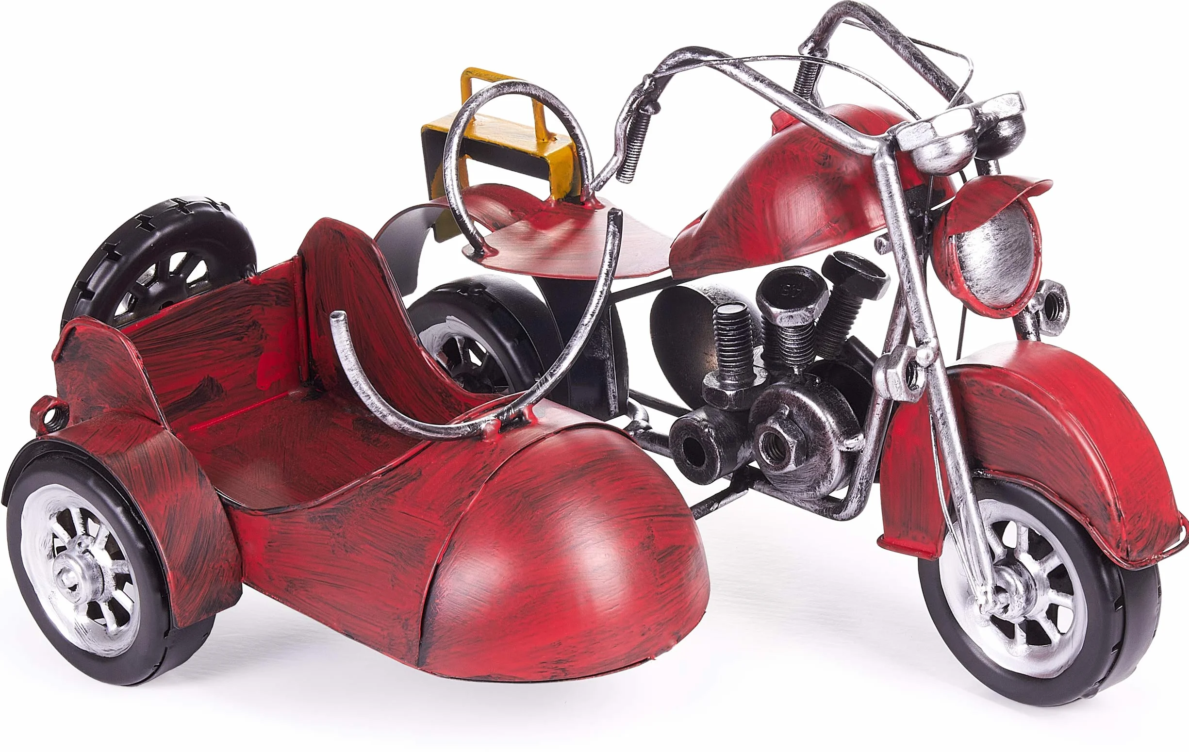BRUBAKER Stojak na Butelkę Wina Motocykl z Bocznym Wózkiem Czerwony - Vintage Metalowy Chopper Stojak na Butelkę Wina - Ręcznie Malowane Rzeźby z Kartą Podarunkową
