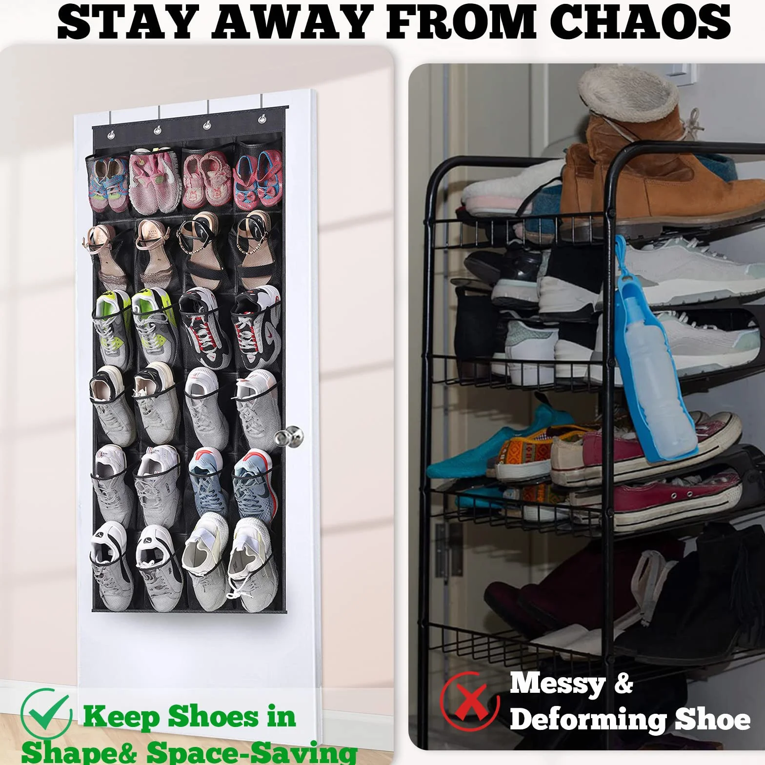 Wiszący regał do przechowywania butów, 24 przegródki, torba do przechowywania butów, czarny organizer na buty do zawieszenia, duży organizer z siatki na buty