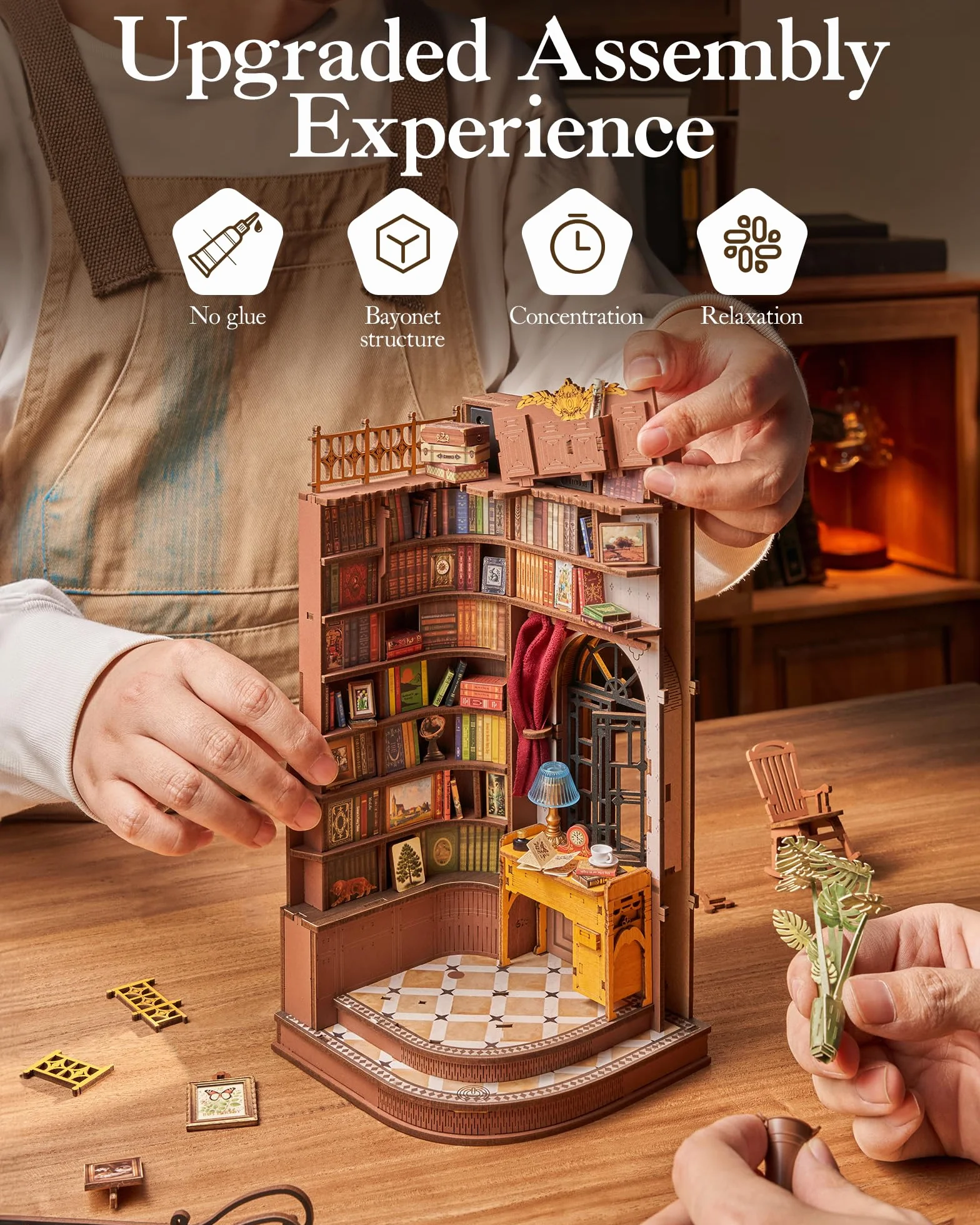 ROBOTIME Book Nook Corner Study DIY 3D Drewniane Puzzle Podpórka do Książek Dekoracja Półki