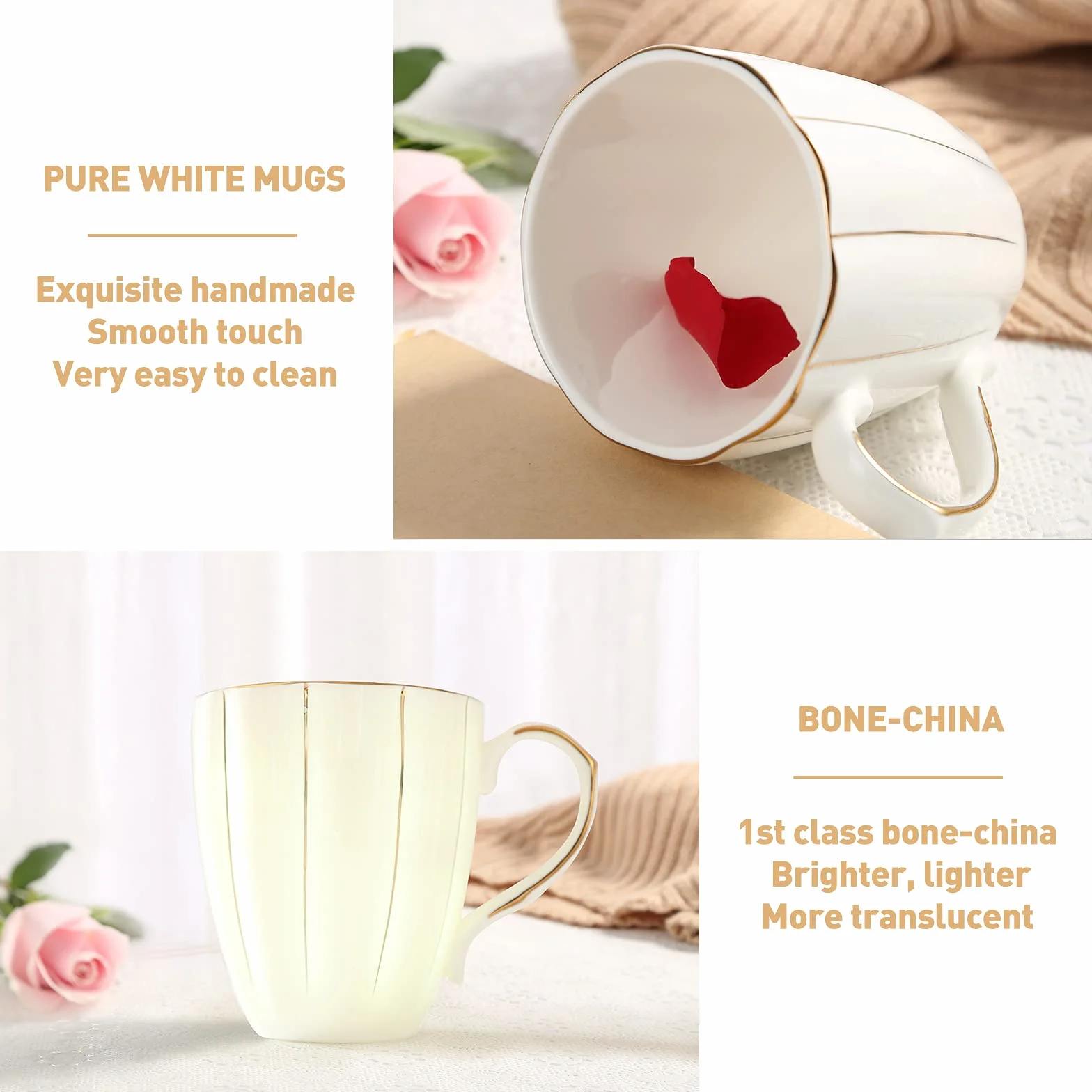 DUJUST Zestaw 4 kubków do kawy (400 ml), luksusowy brytyjski design z ręcznie wykonanymi złotymi wykończeniami, 1st Class Bone-China biały i złoty zestaw filiżanek do kawy, herbaty i mleka, piękne i