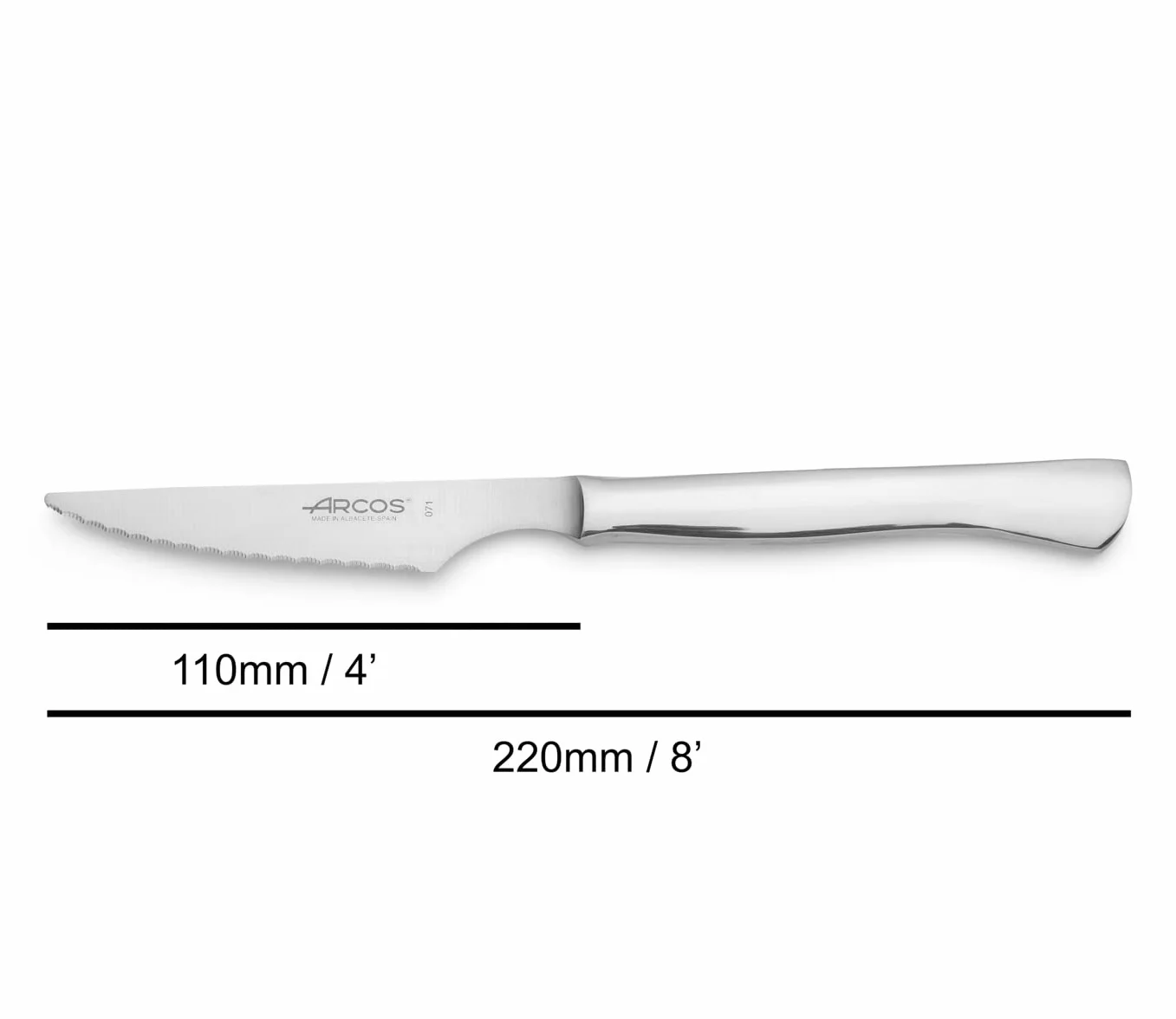 ARCOS Zestaw do steków i Nitrum ze stali i ostrzem mm. Ergonomiczna rękojeść z POM. Seria Mesa. Ząbkowane krawędzie sprawiają, że są idealne do krojenia i siekania mięsa. Kolor srebrny.