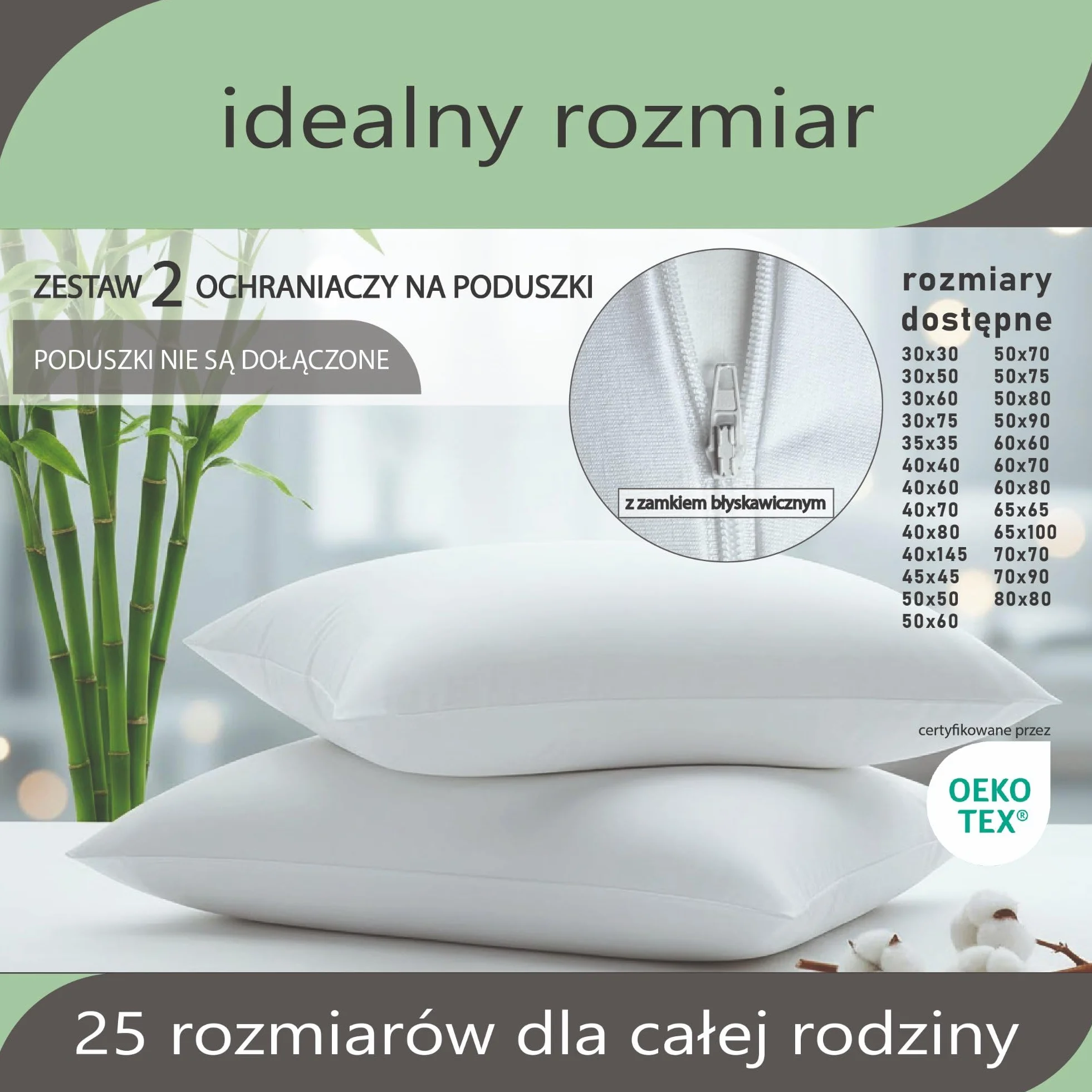 Twillie Ochraniacz na Poduszkę 70 x 90 (Zestaw 2 szt.) Bambus – Premium – Wodoodporny, Zamek i Anti-Acne – z Naturalną Bawełną, Szwajcarski Sanitized® Antybakteryjny – Wyprodukowany w UE