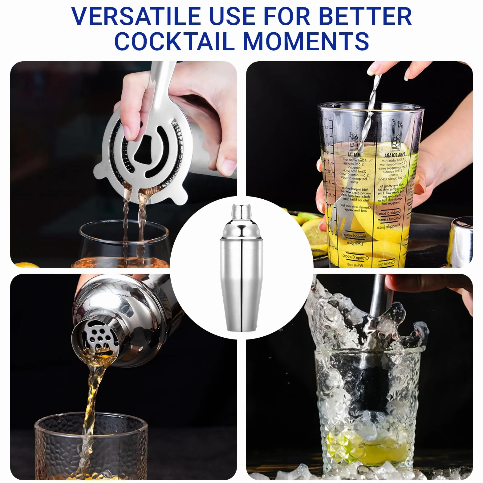 Zestaw do koktajli – shaker do koktajli ze stali nierdzewnej – zestaw do mieszania koktajli 750 ml – akcesoria do koktajli z shakerem, podwójny kubek z miarką, łyżka dla rodzin, do baru, na imprezy