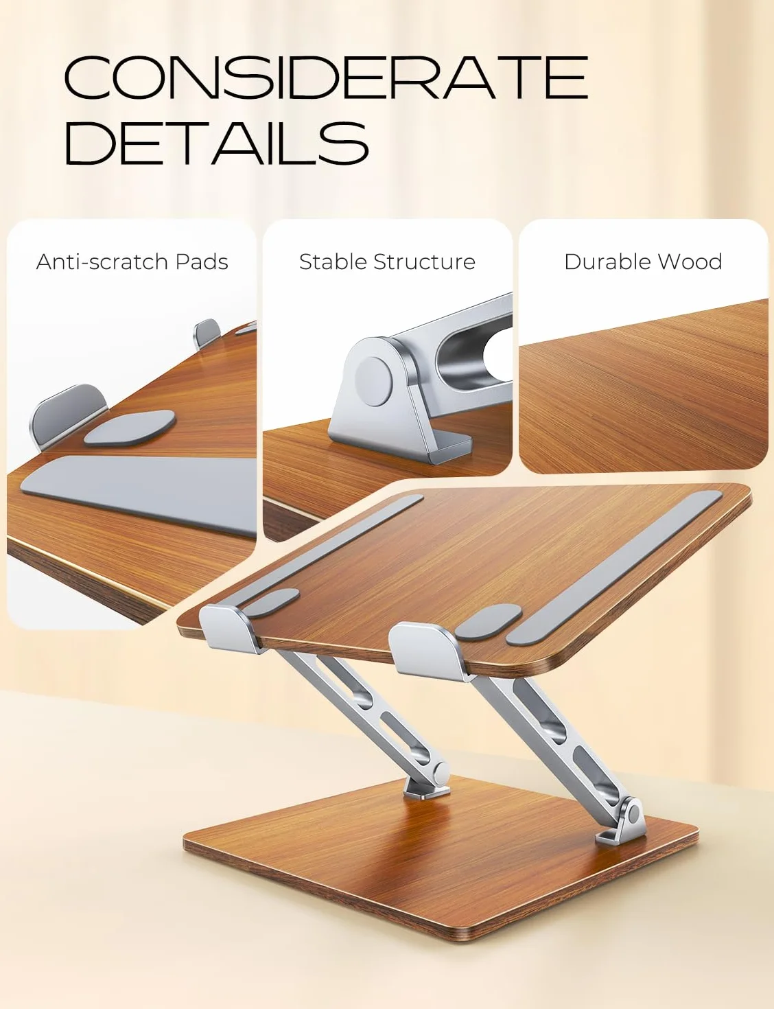 CIRYCASE Laptop Stand dla biurka, aluminium i drewno Ergonomiczny laptop Riser z regulowanym kątem, składany podwójny stojak dla komputera, kompatybilny wszystkie laptopy 10-16"