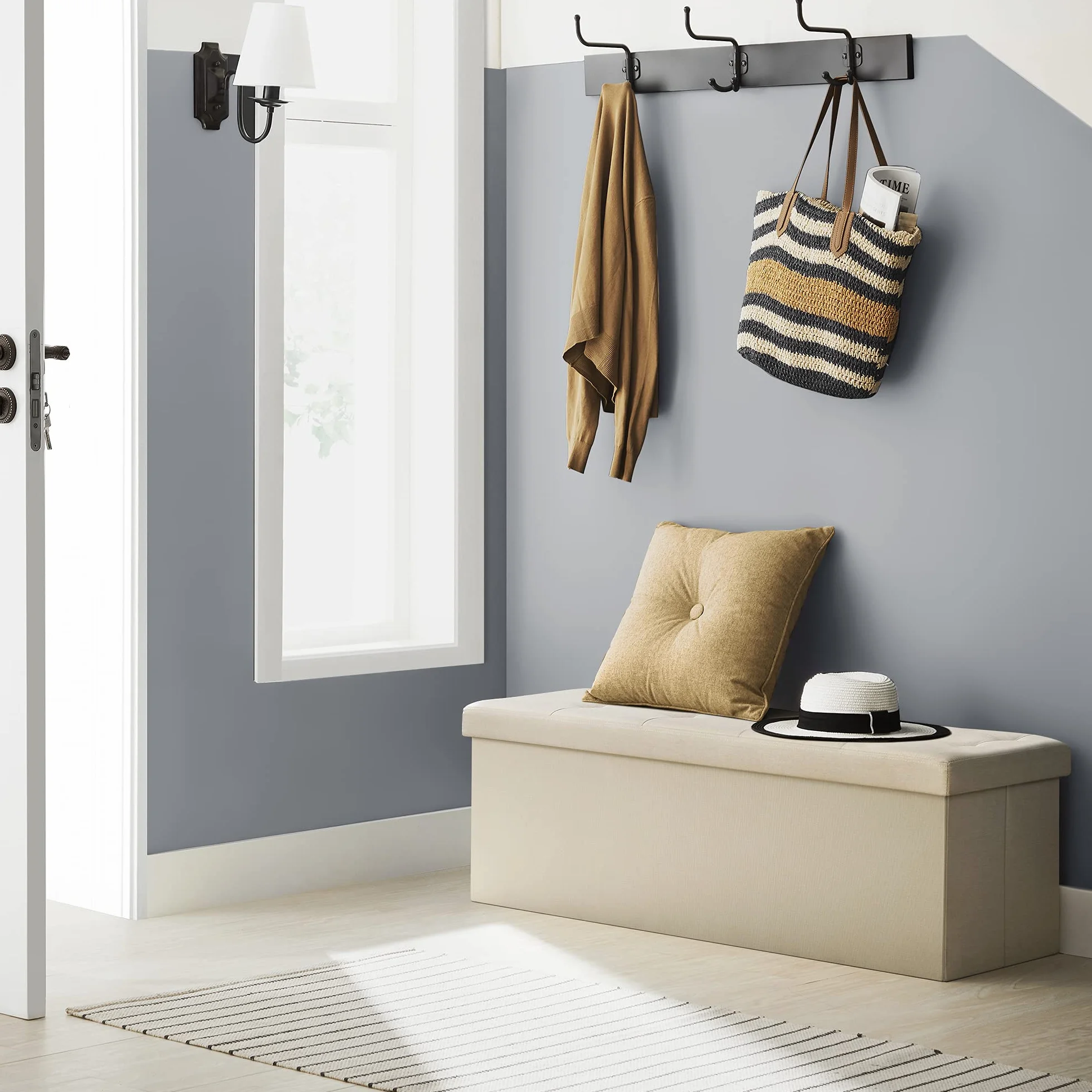 SONGMICS Taboret Składana Ławka z Miejscem do Przechowywania 38x110x38 cm Podnóżek Obciążenie 300 kg
