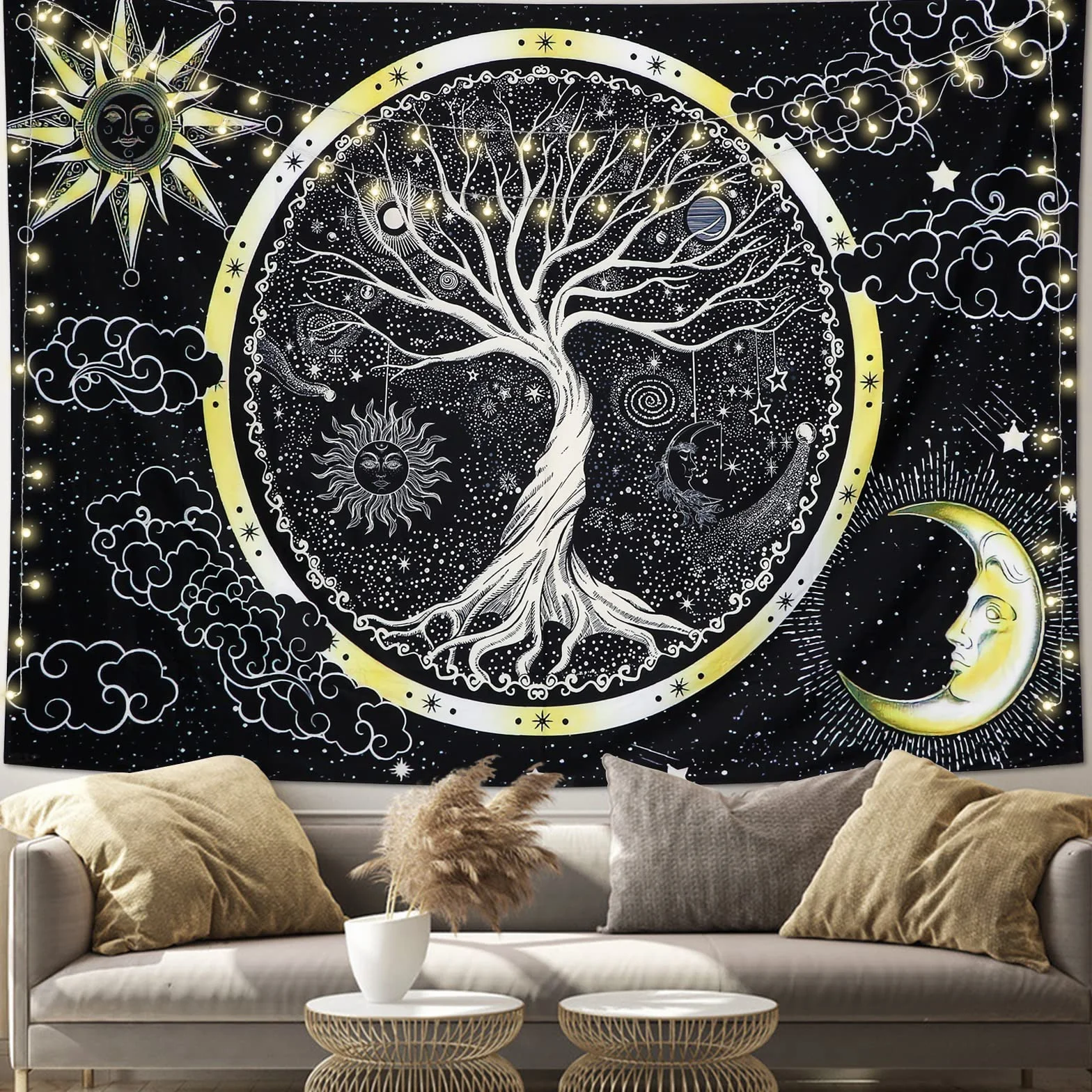 Wiszący Gobelin Psychodeliczny Księżyc i Słońce Drzewo Życia Czarno-Biały Mandala 148x200cm