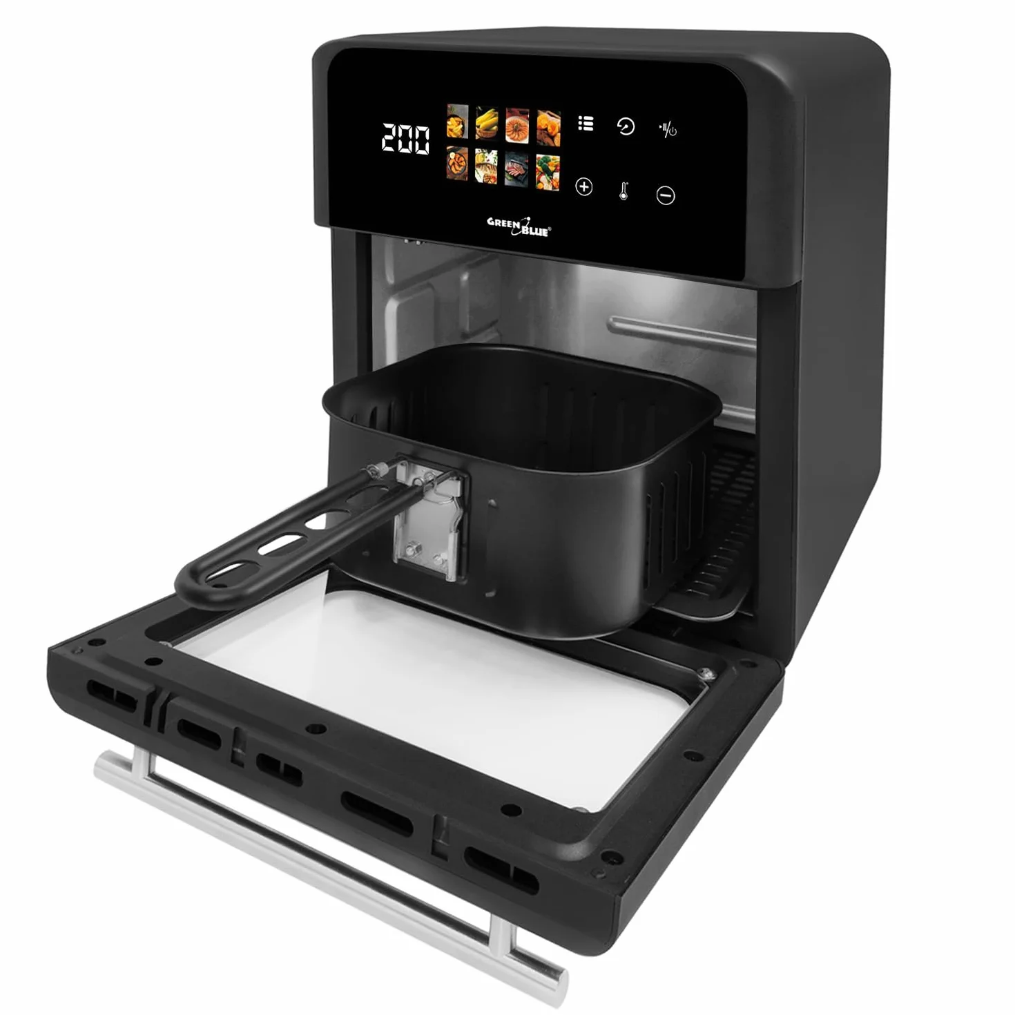 GreenBlue GB950 Frytkownica bezolejowa, pojemność 10 l, moc 1800 W, okienko podglądu, 8 programów, zakres temperatur 70–200 °C, 60-minutowy timer, panel dotykowy LED, akcesoria: kosz, miski, czarna