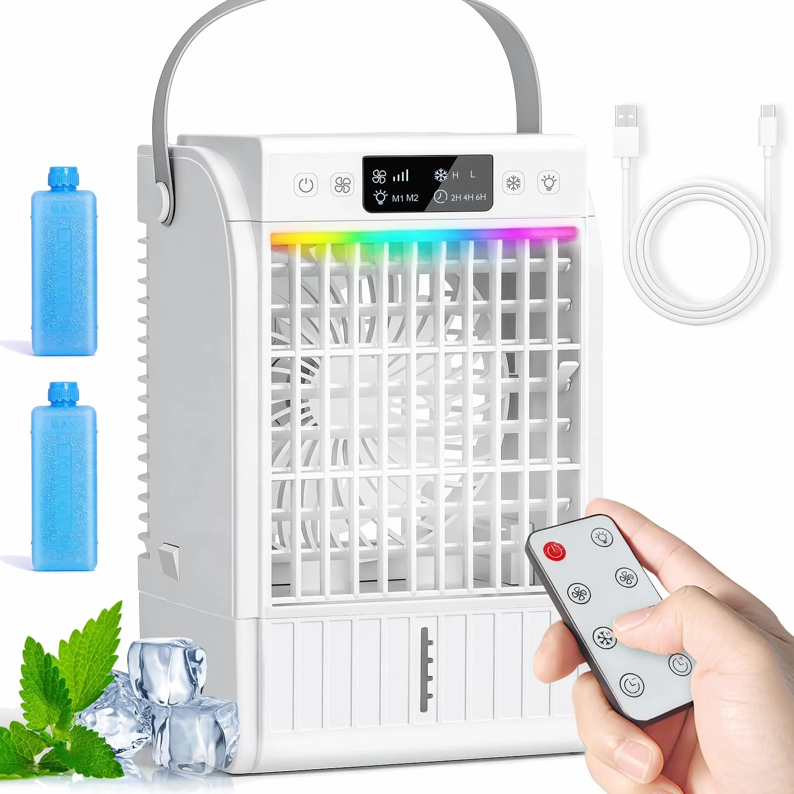 JONRRYIN Mini klimatyzator przenośny 4 w 1, mały klimatyzator z pilotem zdalnego sterowania, zbiornik na wodę 1500 ml, 4 prędkości, 2 tryby mgły, światło RGB, timer, wentylator z chłodzeniem wodnym