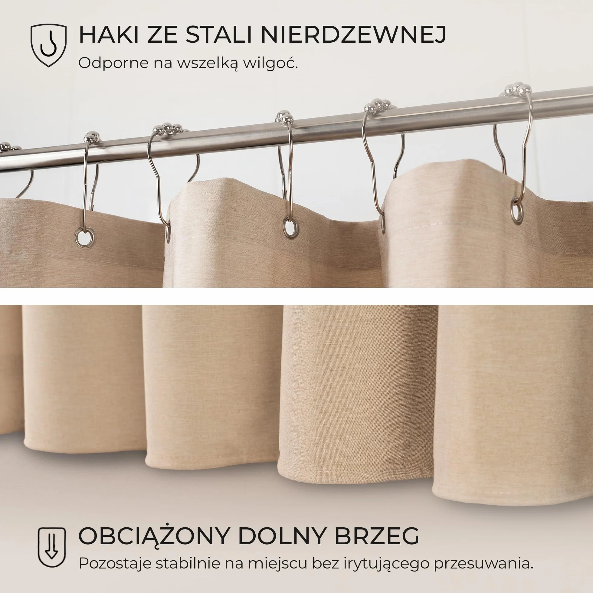 Zasłona Prysznicowa 180x180 cm Beżowa Wodoodporna Odporna na Pleśń z 12 Oczkami i Obciążnikiem NESTN