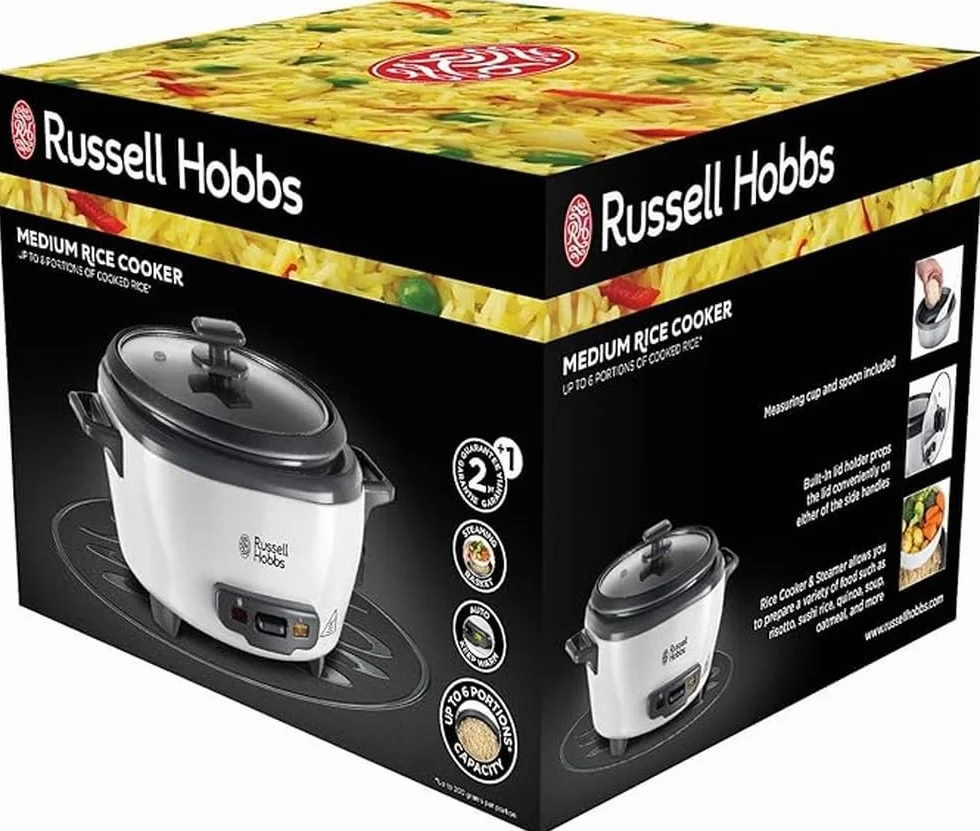 Russell Hobbs szybkowar, ryżowar, pojemność 0,8l, wyjmowany garnek, funkcja podtrzymywania ciepła, pokrywka ze szkła hartowanego, stal nierdzewna, moc 300W, biały, Szybkowar 27030-56