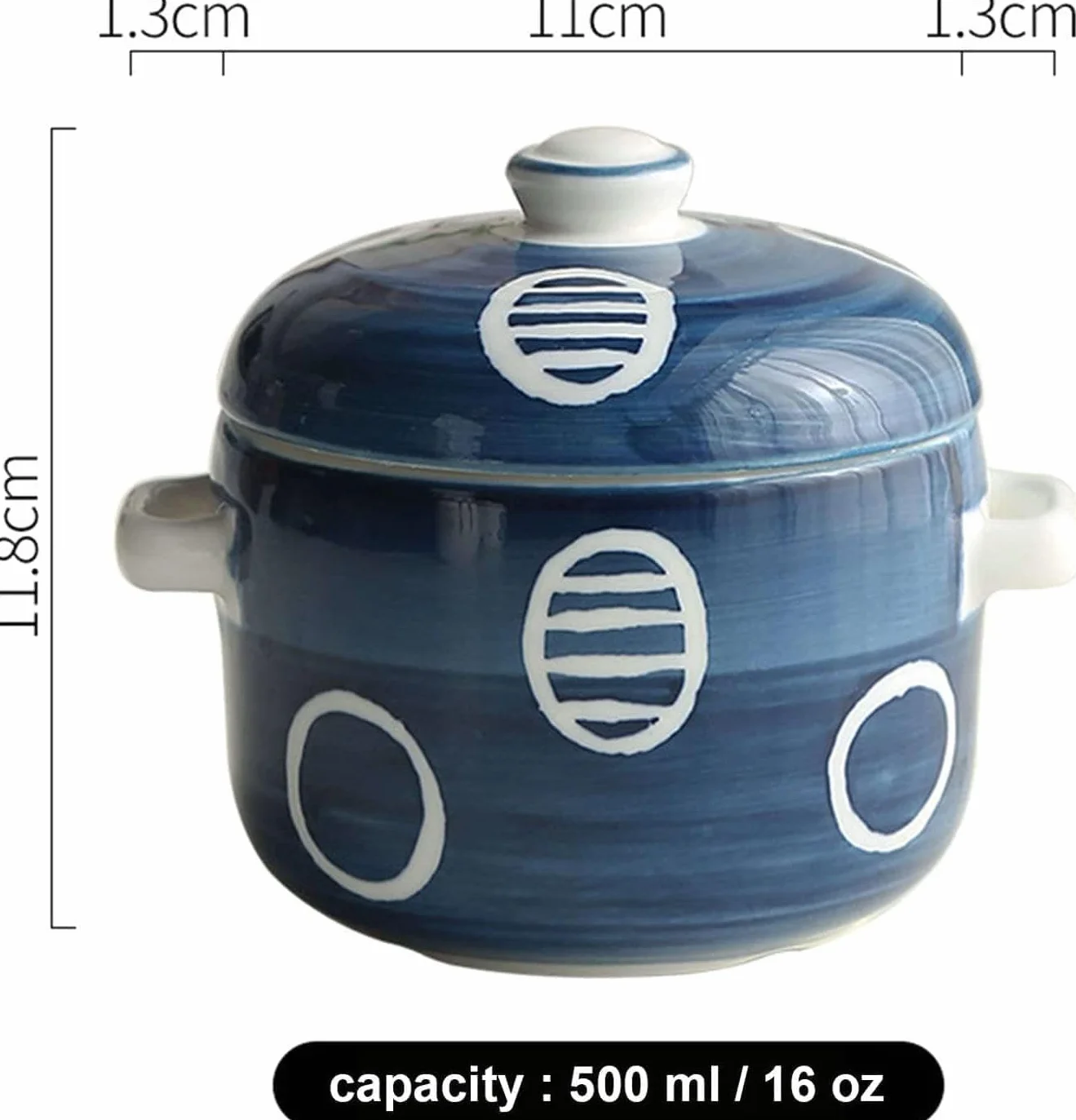 Ceramic Soup Mug 500ml with Lid and Handle, Onion Soup Bowl, Breakfast Bowl Blue