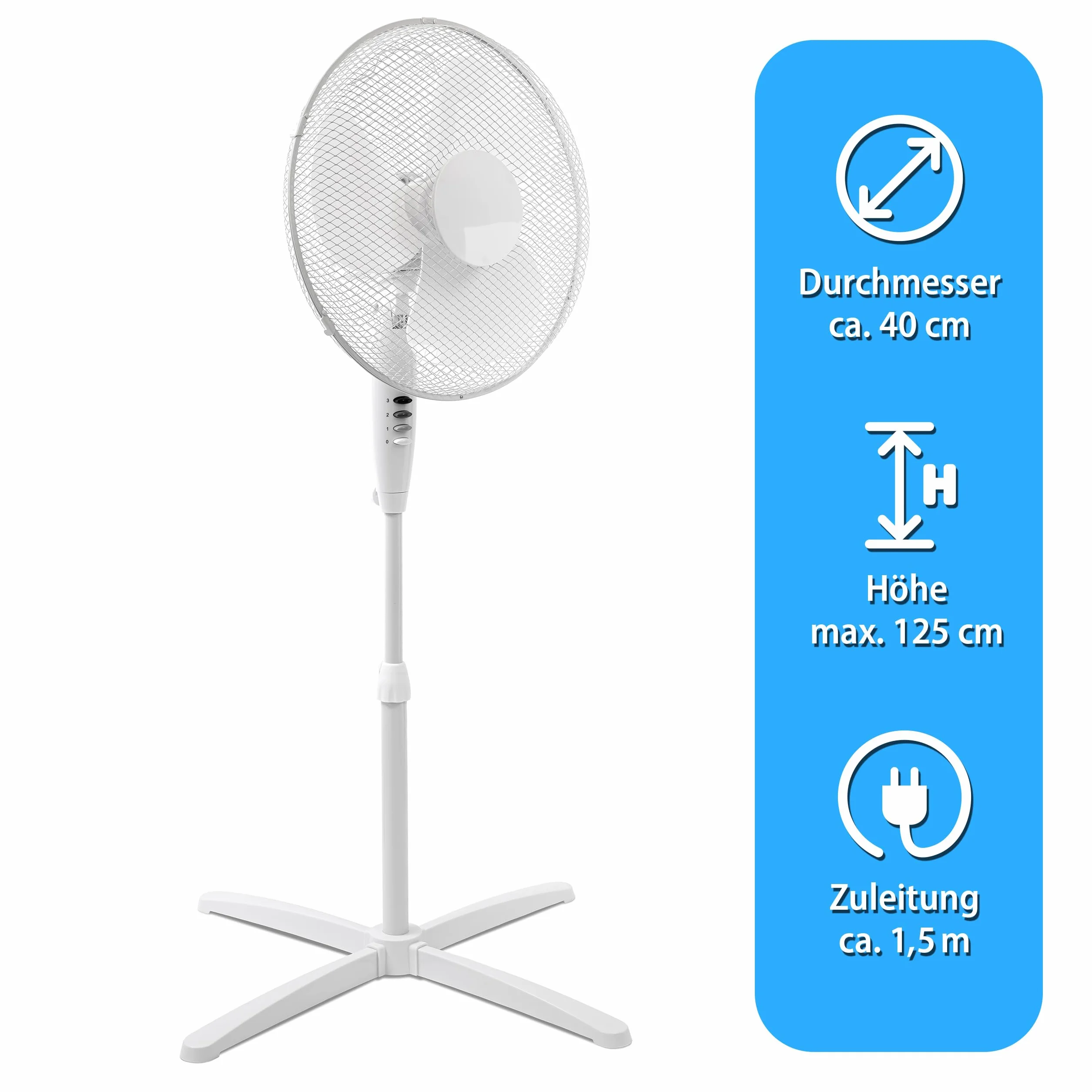 ITO Electronics Wentylator podłogowy, Średnica 40 cm, oscylacyjna + regulowana 3-biegowa, regulowana wysokość/nachylenie, 40 x 14 x 125 cm, kolor: biały