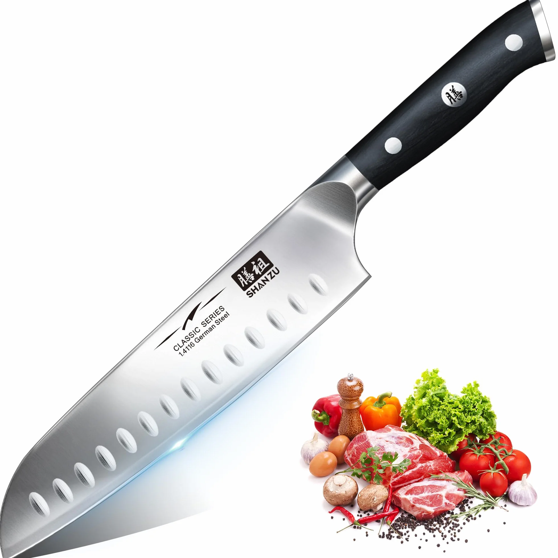 Nóż szefa kuchni Nóż kuchenny, Nóż szefa kuchni SHAN ZU Santoku Niemiecka stal nierdzewna Ostre ostrze noża 18cm Ergonomiczny uchwyt Pudełko na prezent