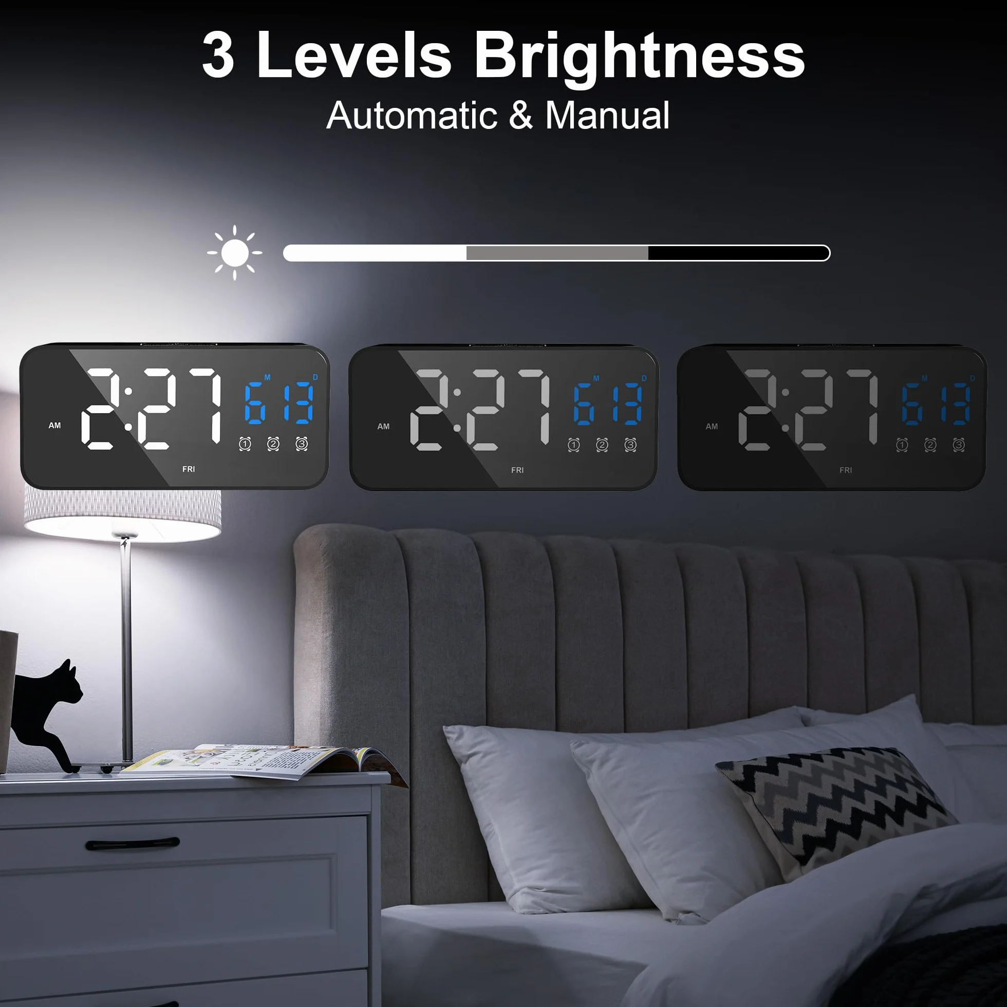 Lafocuse LED cyfrowy budzik z wyświetlaczem temperatury i datą, zegar stołowy z 25 melodiami, 2 portami ładowania USB, 3 alarmami i dniem tygodnia, cyfrowy zegar z funkcją drzemki, regulowana jasność