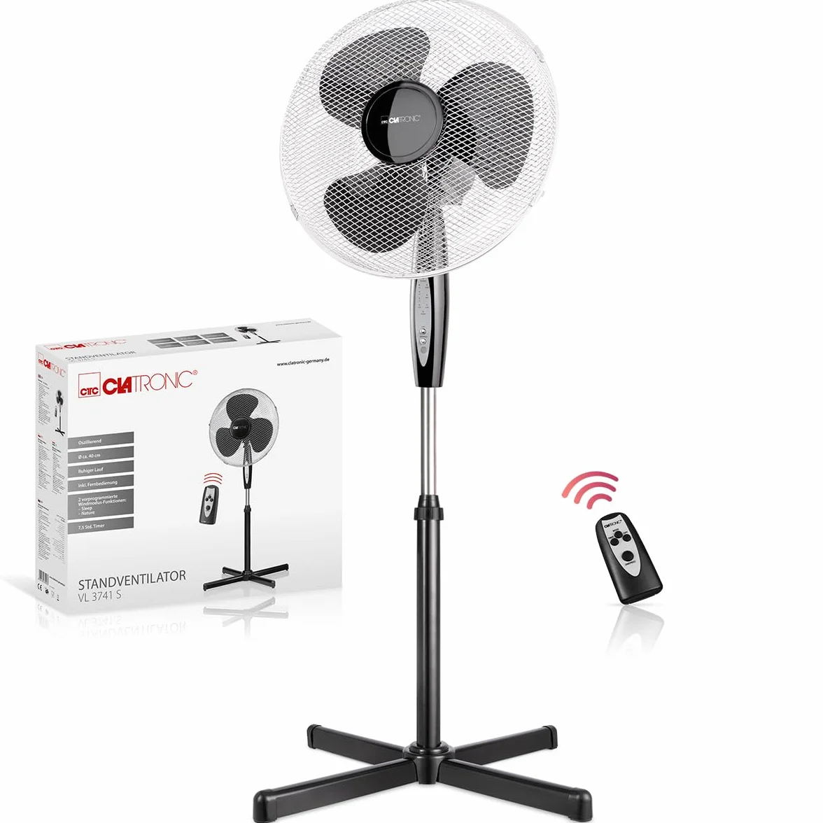 Clatronic Wentylator stojący VL 3741 S; bardzo cichy; średnica 40 cm; oscylacja/rotacja; regulowana wysokość i kąt nachylenia; lampki kontrolne LED; pilot zdalnego sterowania; 45 W; czarny