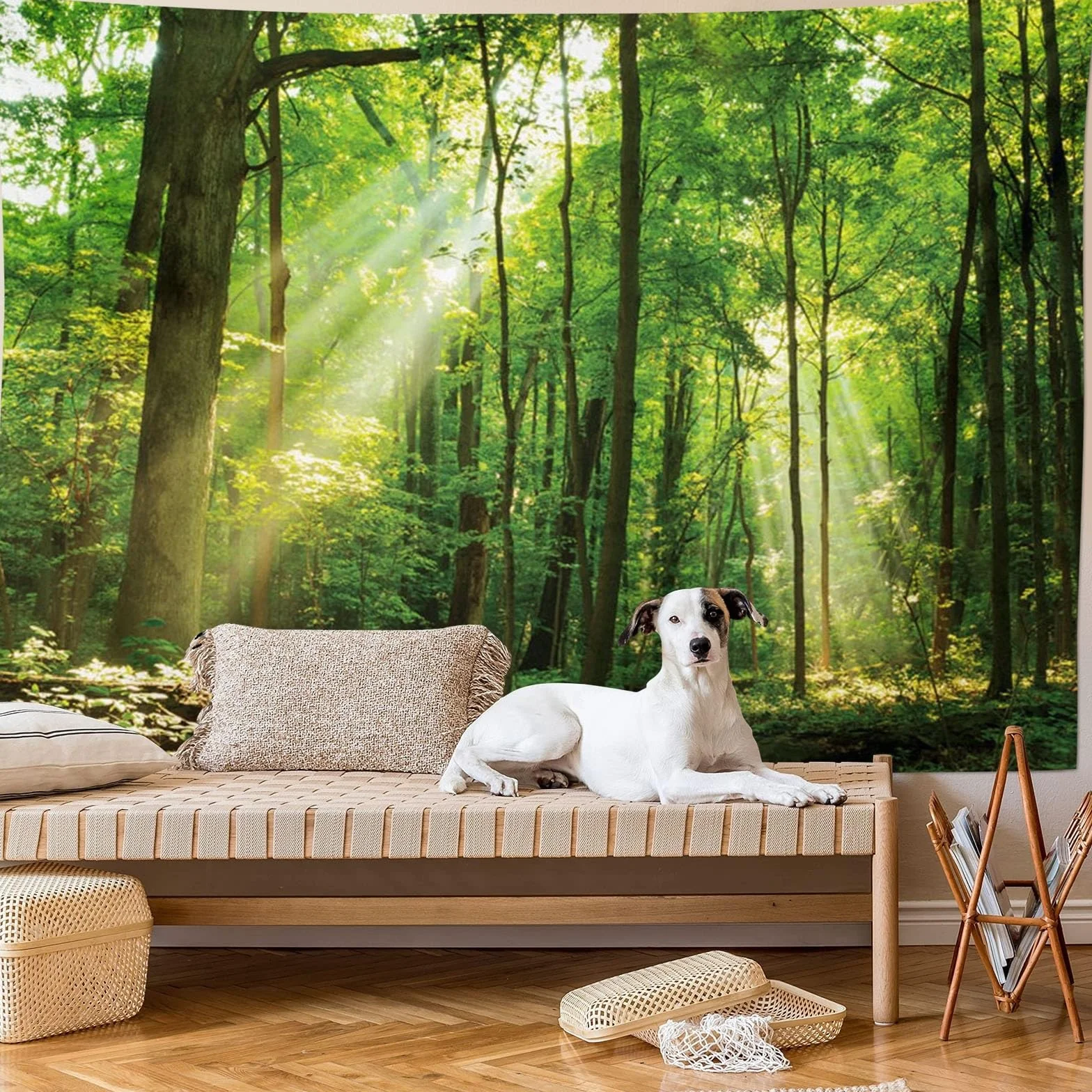 Skcess Dywan ścienny z motywem lasu, 200 x 200 cm, dekoracja ścienna, zielony, dywan ścienny, motyw drzewa, wschodu słońca, gobelin, dżungla, krajobraz, chusta na ścianę
