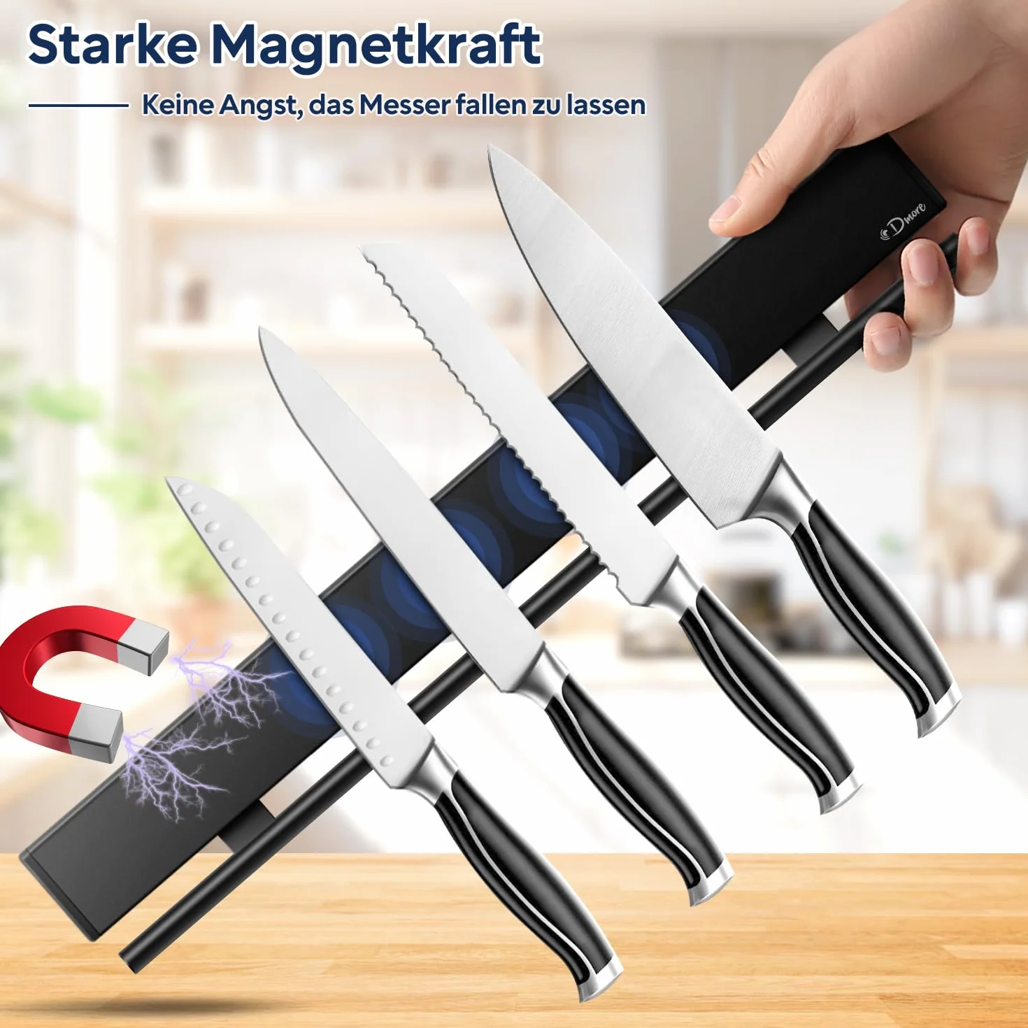 Dmore Listwa magnetyczna na noże z 10 haczykami, 43 cm, uchwyt na noże magnetyczne, czarne, z listwą z haczykami, bardzo samoprzylepny, magnetyczny uchwyt na noże, łącznie z taśmą klejącą i śrubami