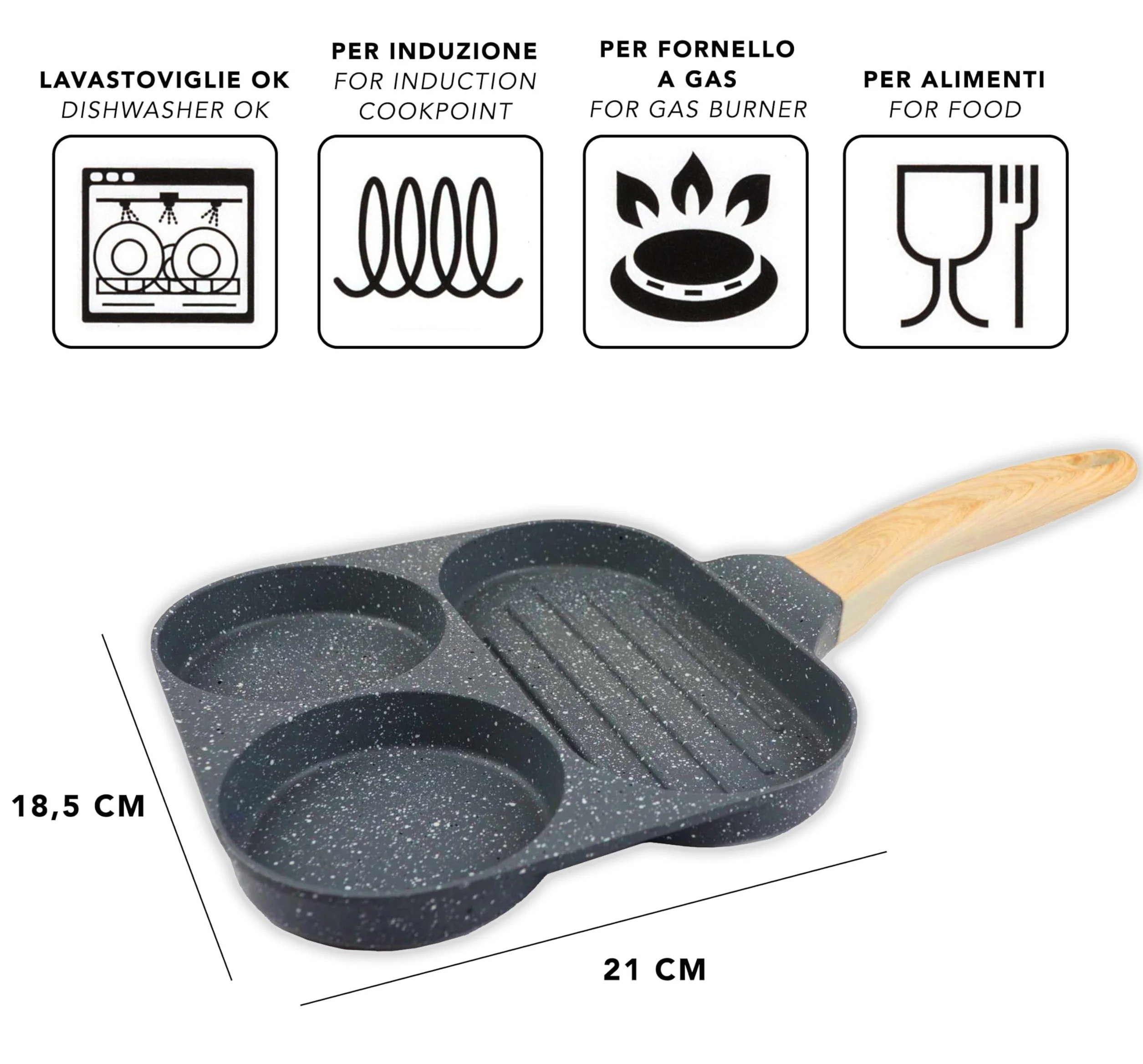 IPEA Nieprzywierająca patelnia do naleśników do indukcji i gazu – 21 cm, aluminiowa patelnia antyadhezyjna, do omletów, naleśników, jaj, hamburgerów, patelni z 4 formami - Super wygodny uchwyt