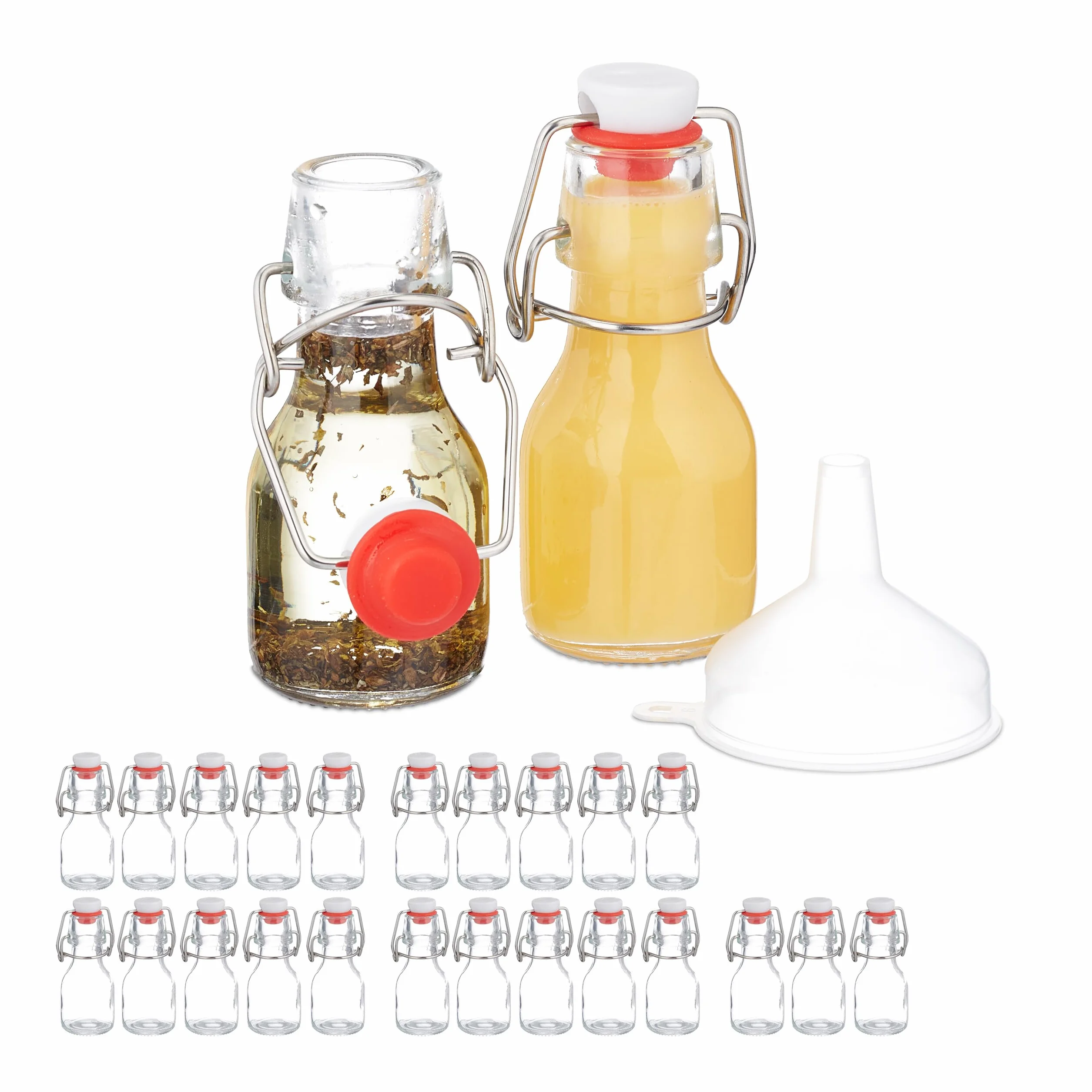 Relaxdays Małe butelki, zestaw 25 sztuk, 50 ml, szklane butelki do napełniania, na likiery i oleje, zamknięcie pałąkowe, przezroczyste