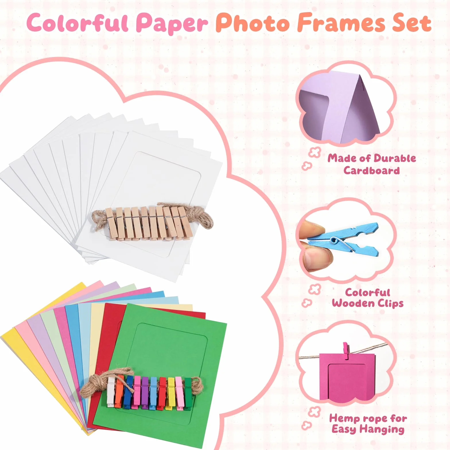 40 szt. papierowych ramek na zdjęcia, 10 x 15 cm, kartonowe ramki na zdjęcia, DIY, wiszące ramki na zdjęcia z 40 drewnianymi klipsami i 4 linami konopnymi, do domu, biura, szkoły, dekoracja