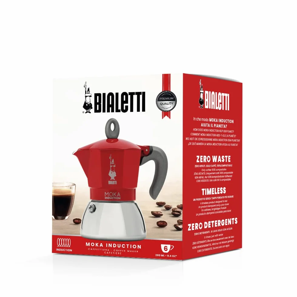Bialetti – Moka Induction, Kawiarka Do Użytku Na Wszystkich Kuchenkach, Na 6 Filiżanek Espresso (280 Ml), Czerwona [Klasa energetyczna A+]