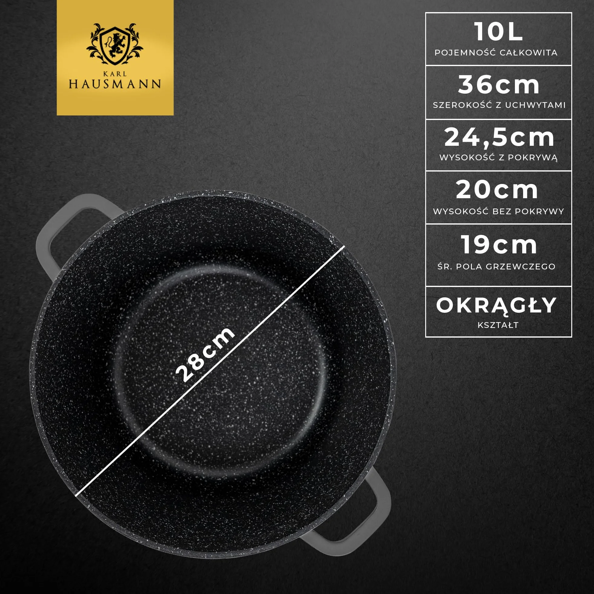 KARL HAUSMANN Garnek Aluminiowy z Powłoką Granitową 10L Ø 28cm ze Szklaną Pokrywką
