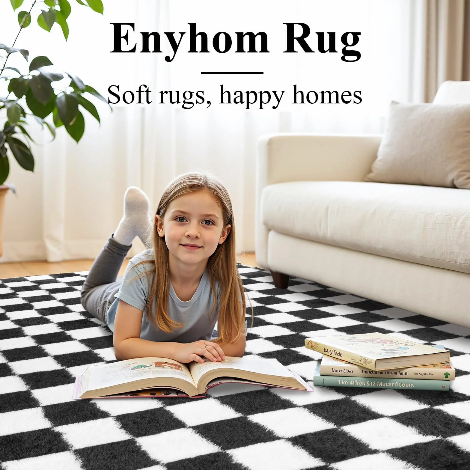 Enyhom Dywan z wysokim runem do salonu, nadający się do prania, antypoślizgowy, nowoczesny, puszysty, duży dywan do sypialni, idealny do pokoju dziecięcego i salonu, 120 cm x 180 cm, kolor czarny i
