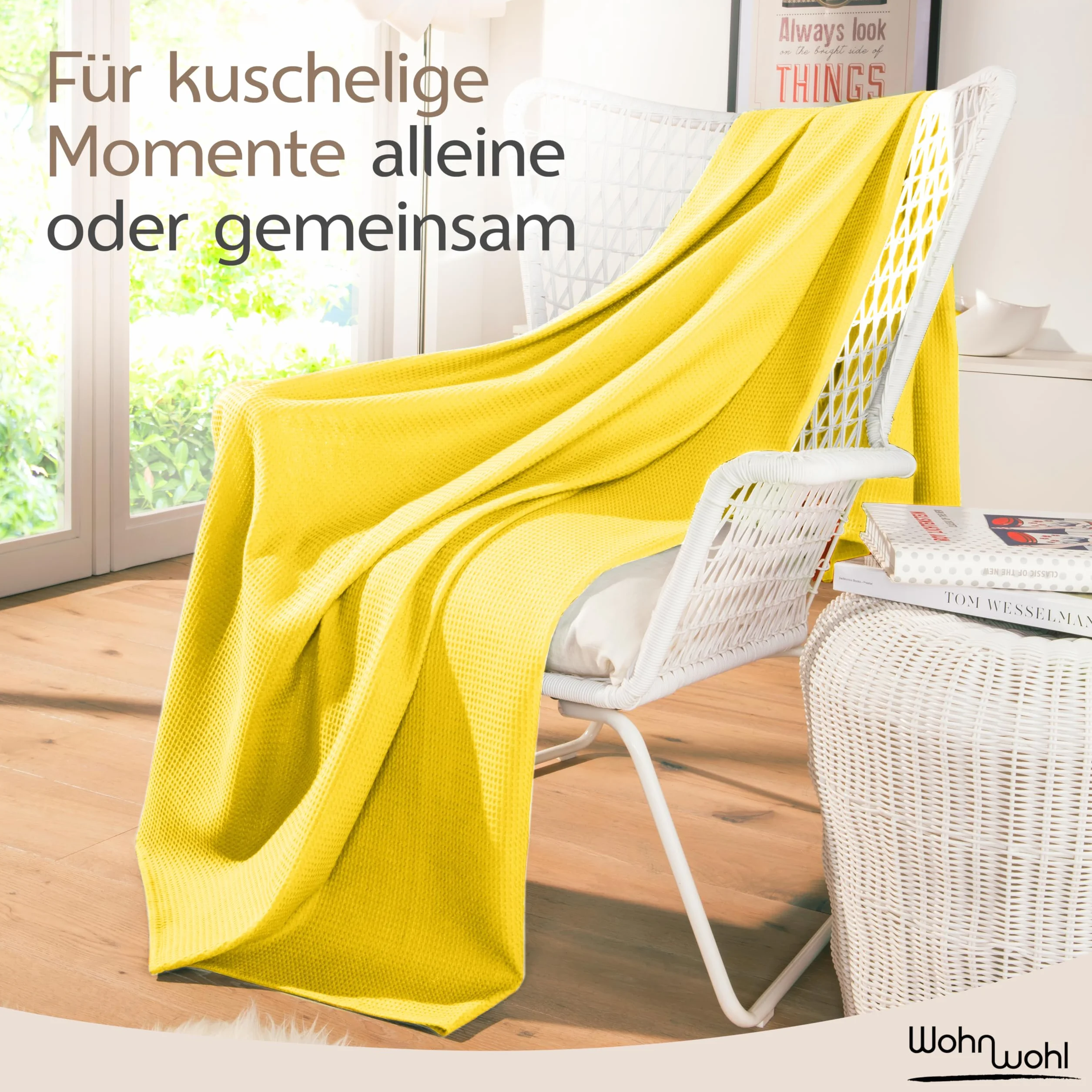 lekki koc waflowy, narzuta, 150 x 200 cm, letni, w 100% z bawełny, przewiewny, na sofę, o wszechstronnym zastosowaniu, łatwy w pielęgnacji, kolor: żółty