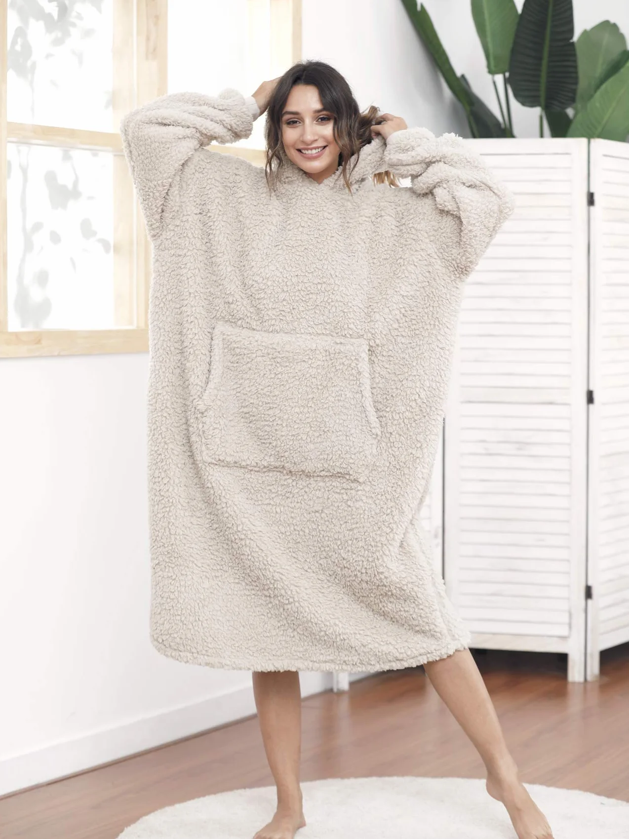 Bluza z kapturem Oversize Sherpa dla kobiet i mężczyzn ciepły koc kudłaty sweter Beżowy