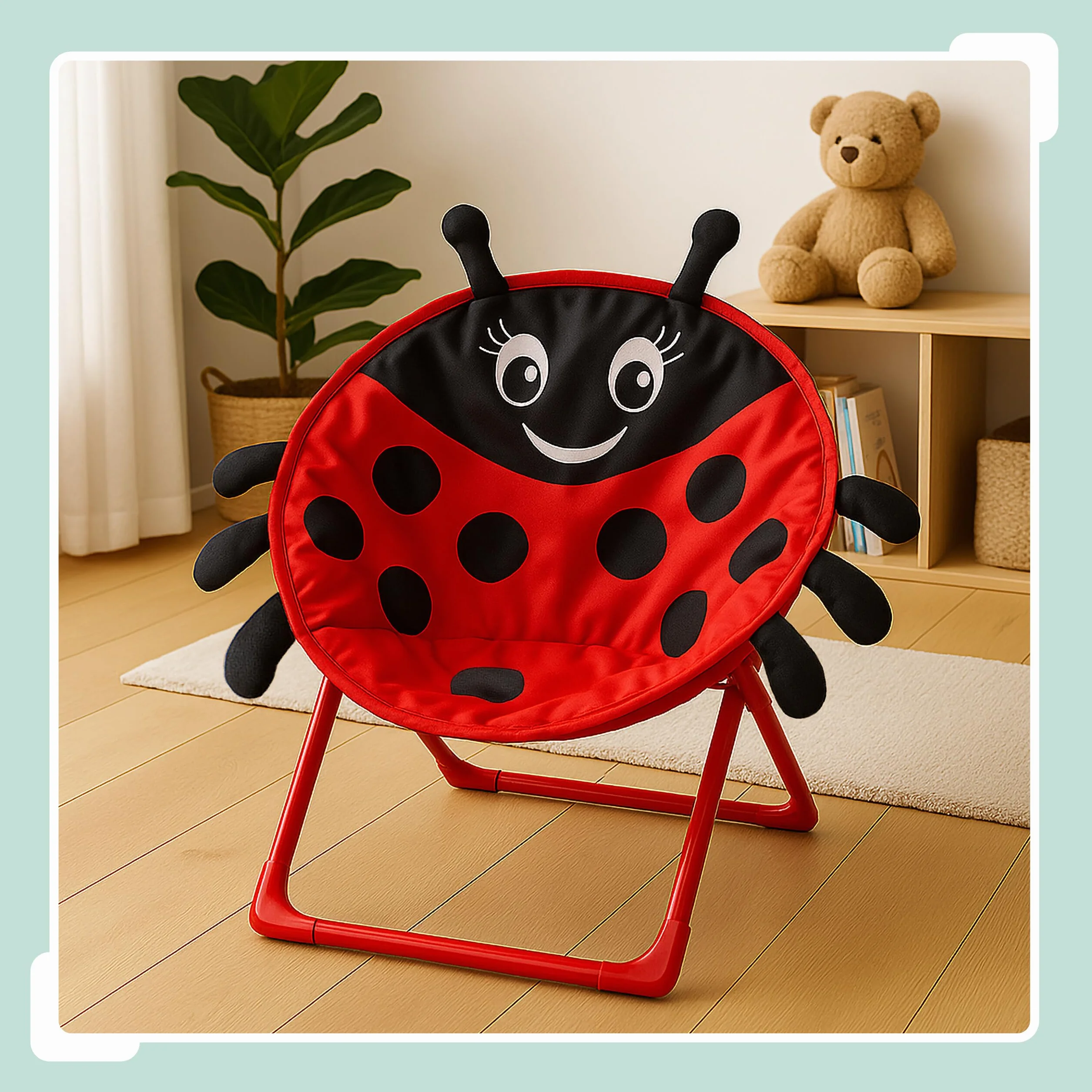 Relaxdays Moonchair dziecięcy biedronka, składany, wys. x szer. x gł.: 47 x 50 x 48 cm, krzesło dziecięce na zewnątrz i wewnątrz, fotel dziecięcy, czerwony