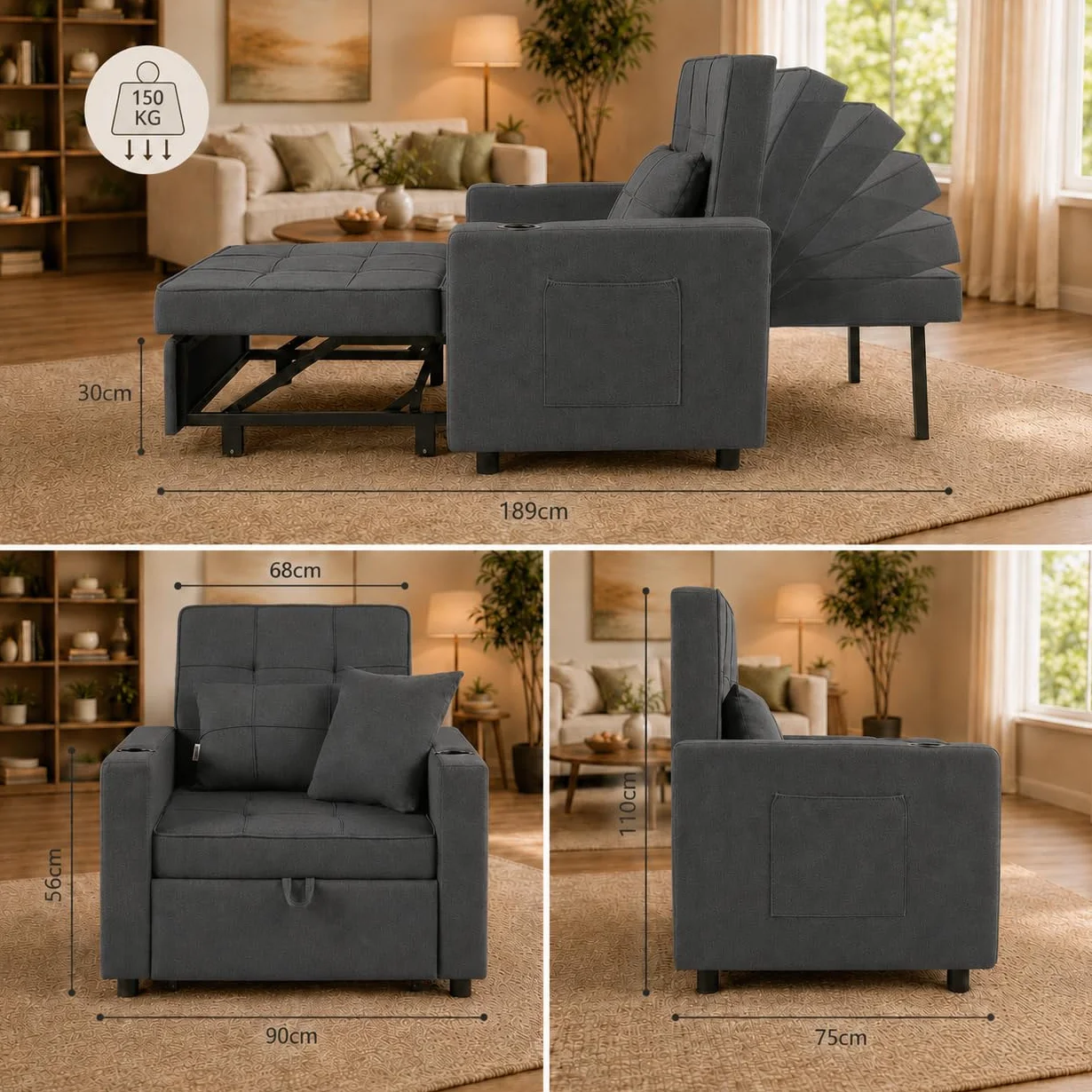 Fotel rozkładany, 3 w 1, z podłokietnikiem, regulowanym oparciem, 2 poduszki, uchwyt na kubek, do 150 kg, pojedyncza rozkładana sofa, do sypialni, salonu, ciemnoszary