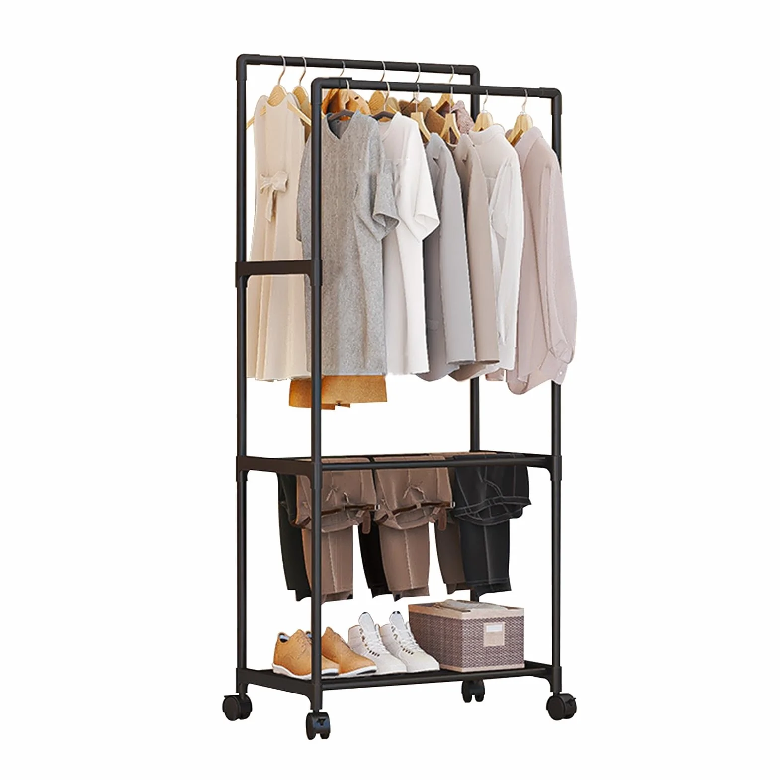 Double Rods Clothes Rack With Wheels Metal Clothing Rack For Hanging Clothes Portable Wardrobe Garment Racks For Bedroom Laundry Living Room(Black)