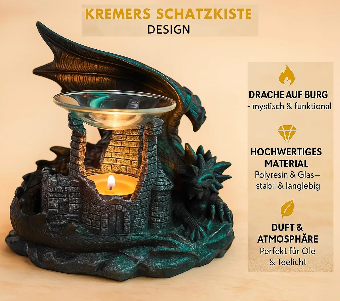 Kremers Schatzkiste Lampa zapachowa smok 22 cm ruiny zamku uchwyt na podgrzewacze do olejków eterycznych wosk zapachowy dekoracja 19 x 22 x 18 cm