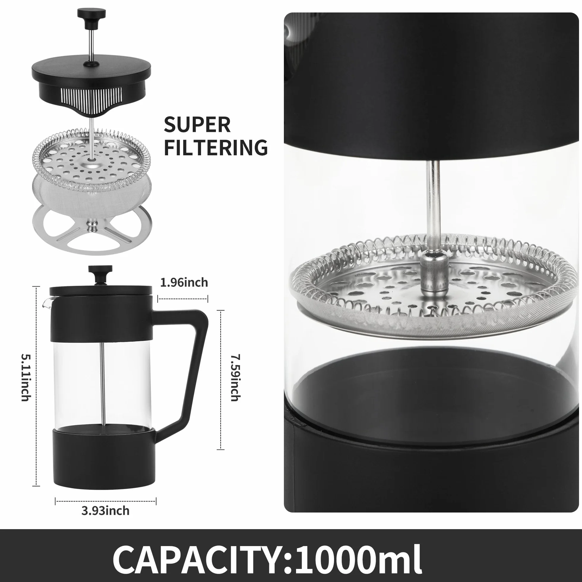 Ekspres do kawy French Press 1000 ml,prasa do kawy,filtr ze stali nierdzewnej