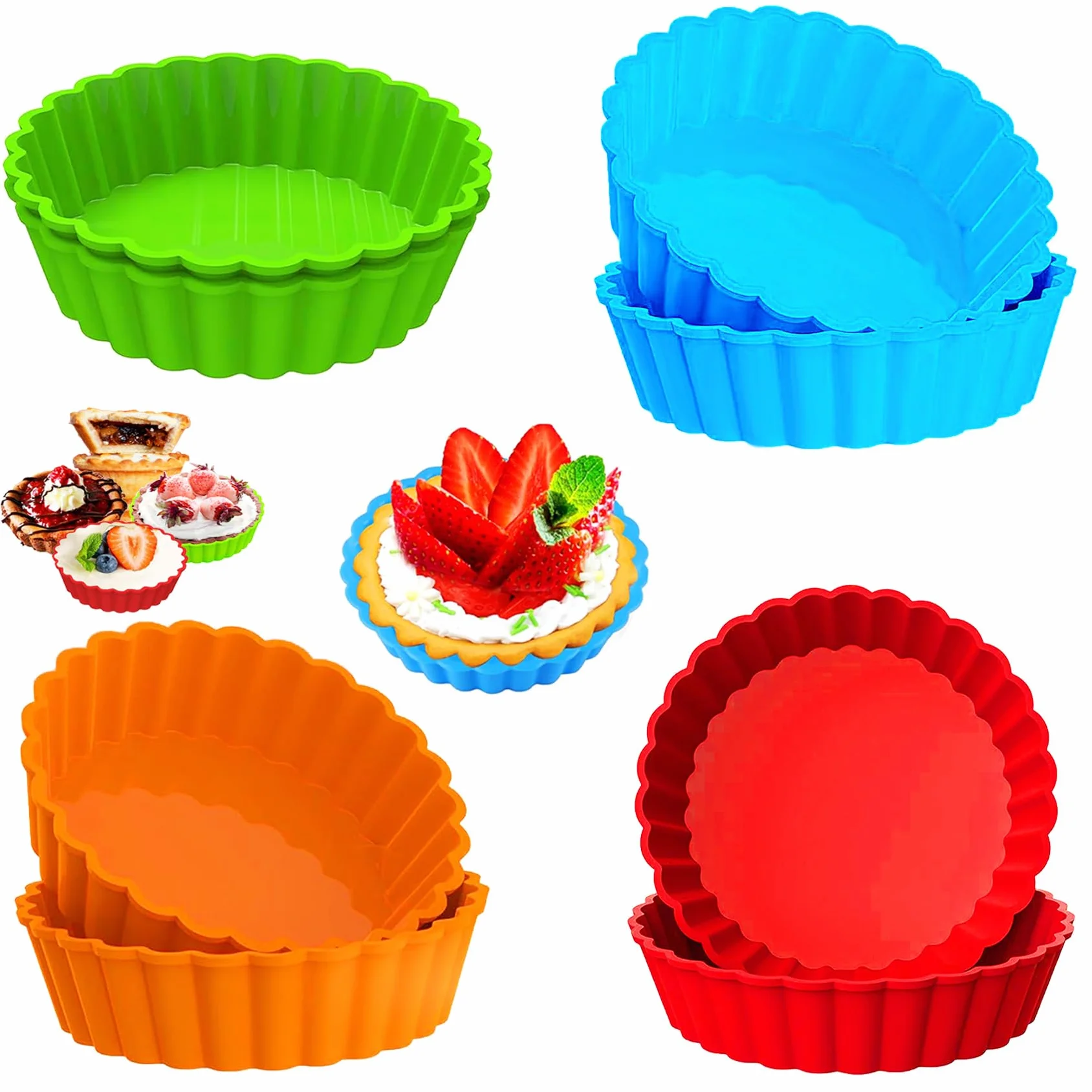 8 sztuk silikonowych foremek do tarty, 10 cm, nieprzywierające, do quiche, wielokrotnego użytku, małe do produkcji babeczek, muffinek, chleba