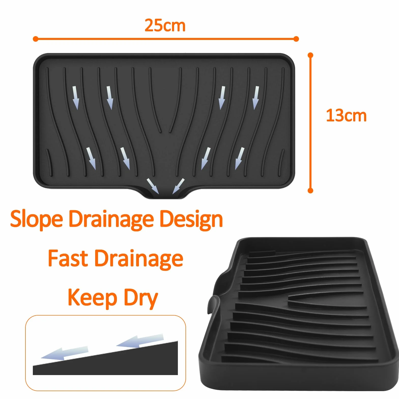 Silikonowy organizer na gąbkę do zlewozmywaka, 25 x 13 cm, do kuchni, łazienki, na gąbki, szczotki, mydło, matę ociekową, silikonowy, nadaje się do mycia w zmywarce (czarny, 2 sztuki)